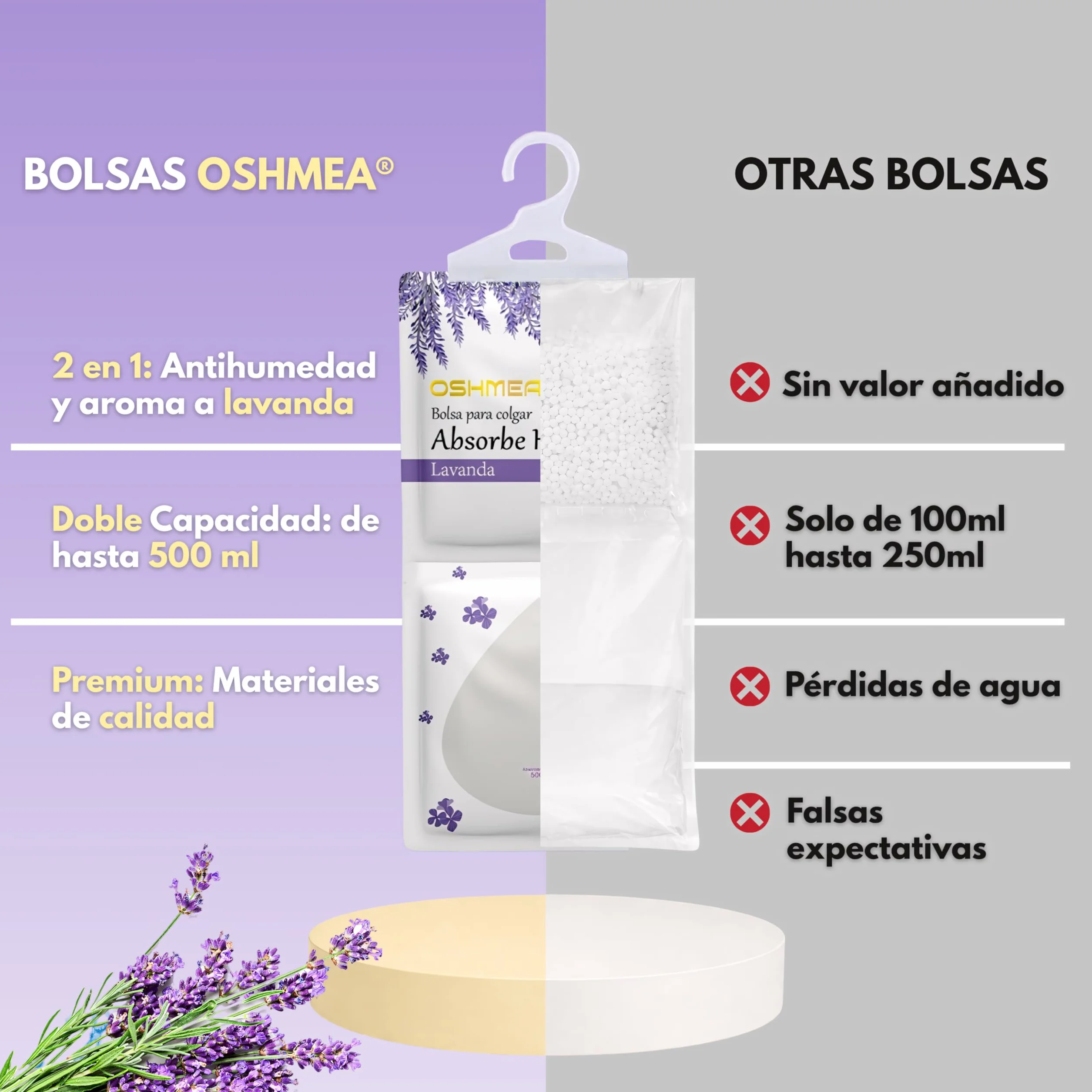 Bolsas Antihumedad PREMIUM 500ML 2 EN 1 Deshumidificador Armario Aroma Lavanda Absorbentes Humedad Condensación Quita Moho Olores