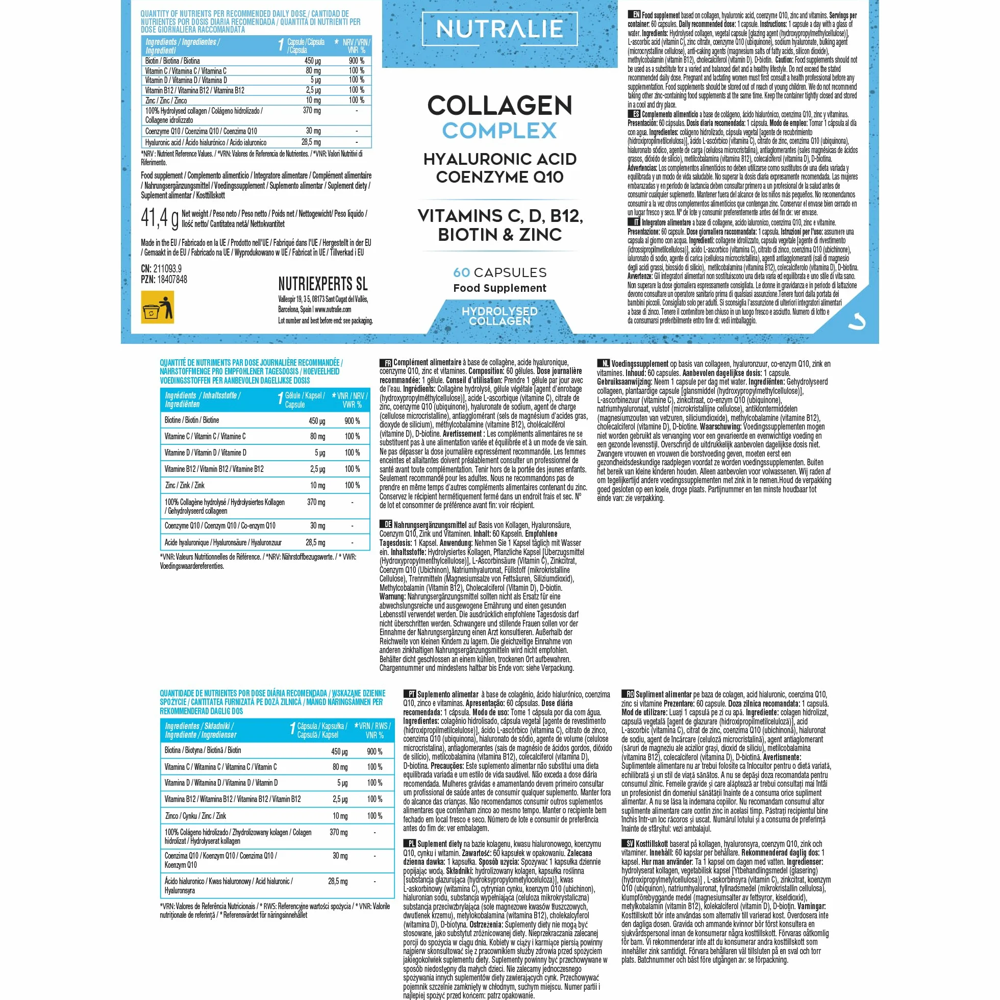 Nutralie Colágeno Ácido Hialurónico Hidrolizado Biotina Q10 Piel Cartílago Vit C D B12 Zinc 60 Cápsulas