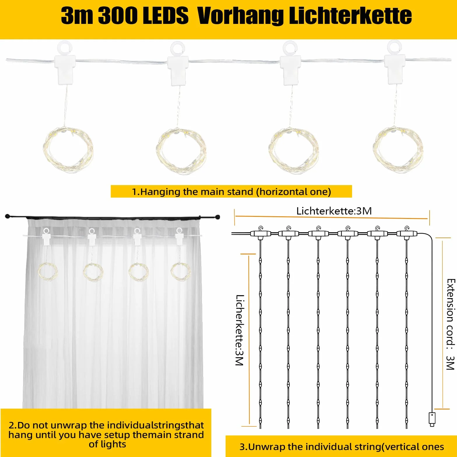 CNMTCCO Cortina de Luces 300 LED 3x3m 8 Modos con Remoto USB Resistente al Agua