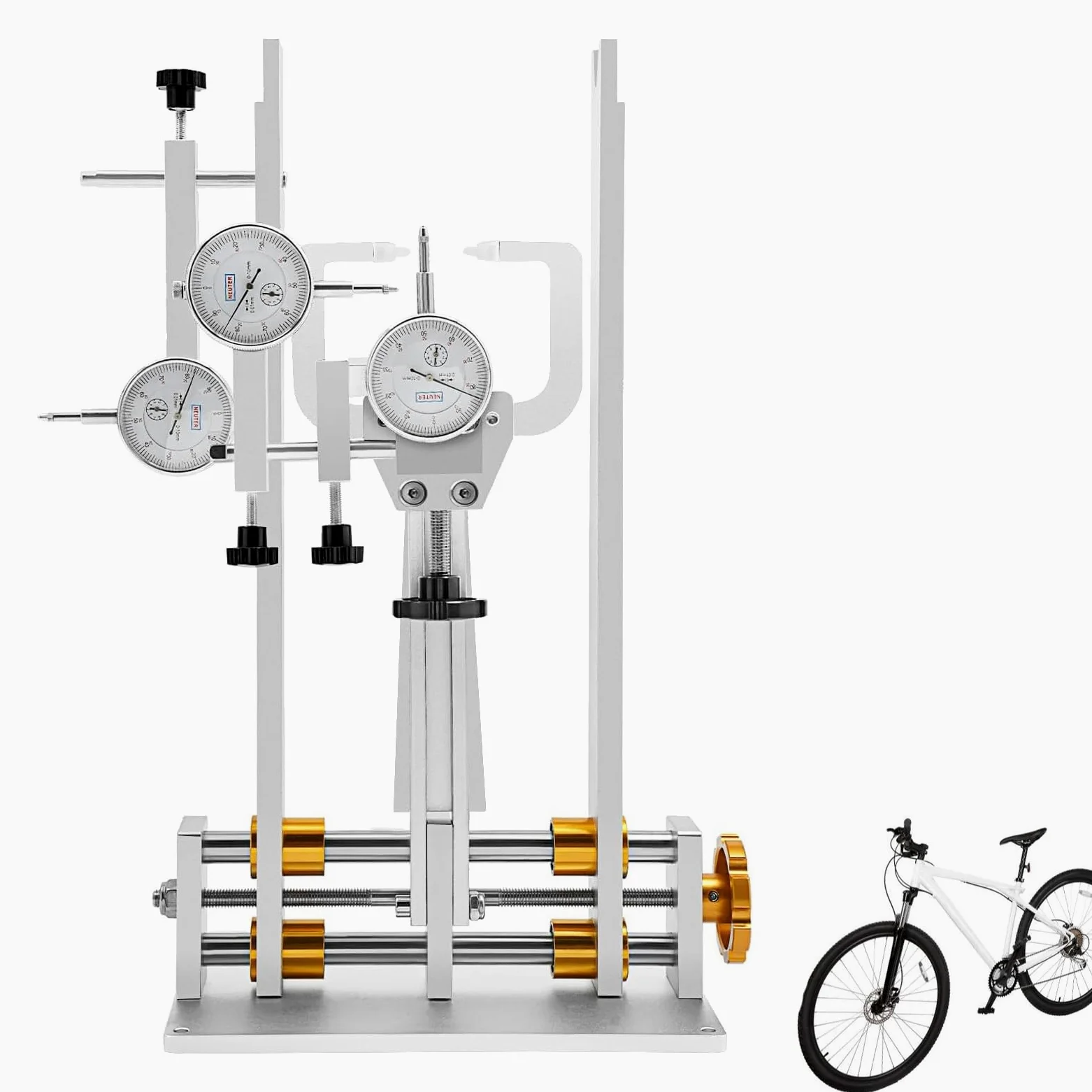 Soporte de rueda de bicicleta, herramienta de reparación de llantas resistente con 3 medidores de esfera, soporte de reparación de bicicleta de aleación de aluminio de ancho ajustable para el hogar y