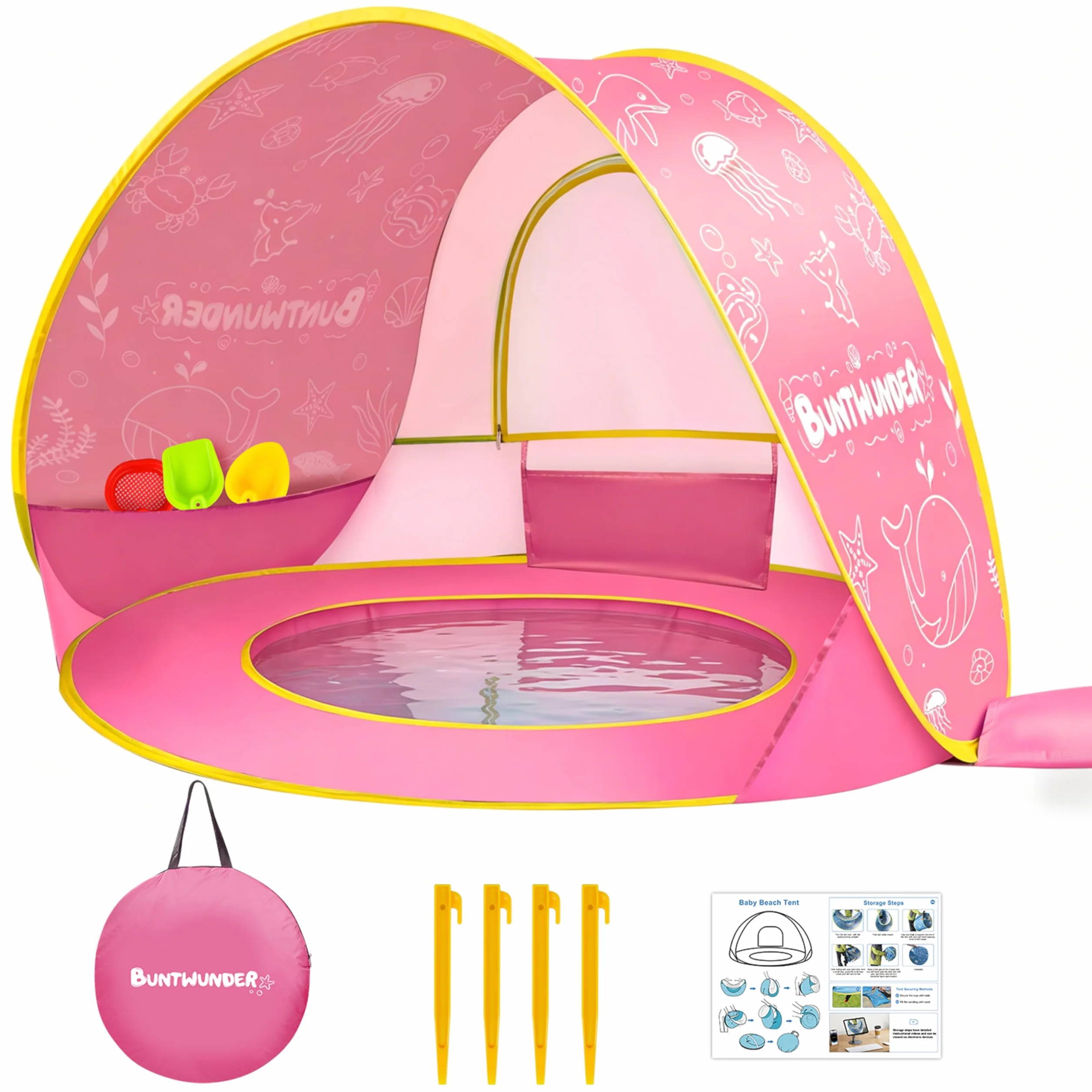 JONRRYIN Tienda Playa Bebé Pop Up, Tienda Refugio Infantil con Mini Piscina, Plegable Portátil Protección UV para Playa, Pícnic y Jardín (Rosa)