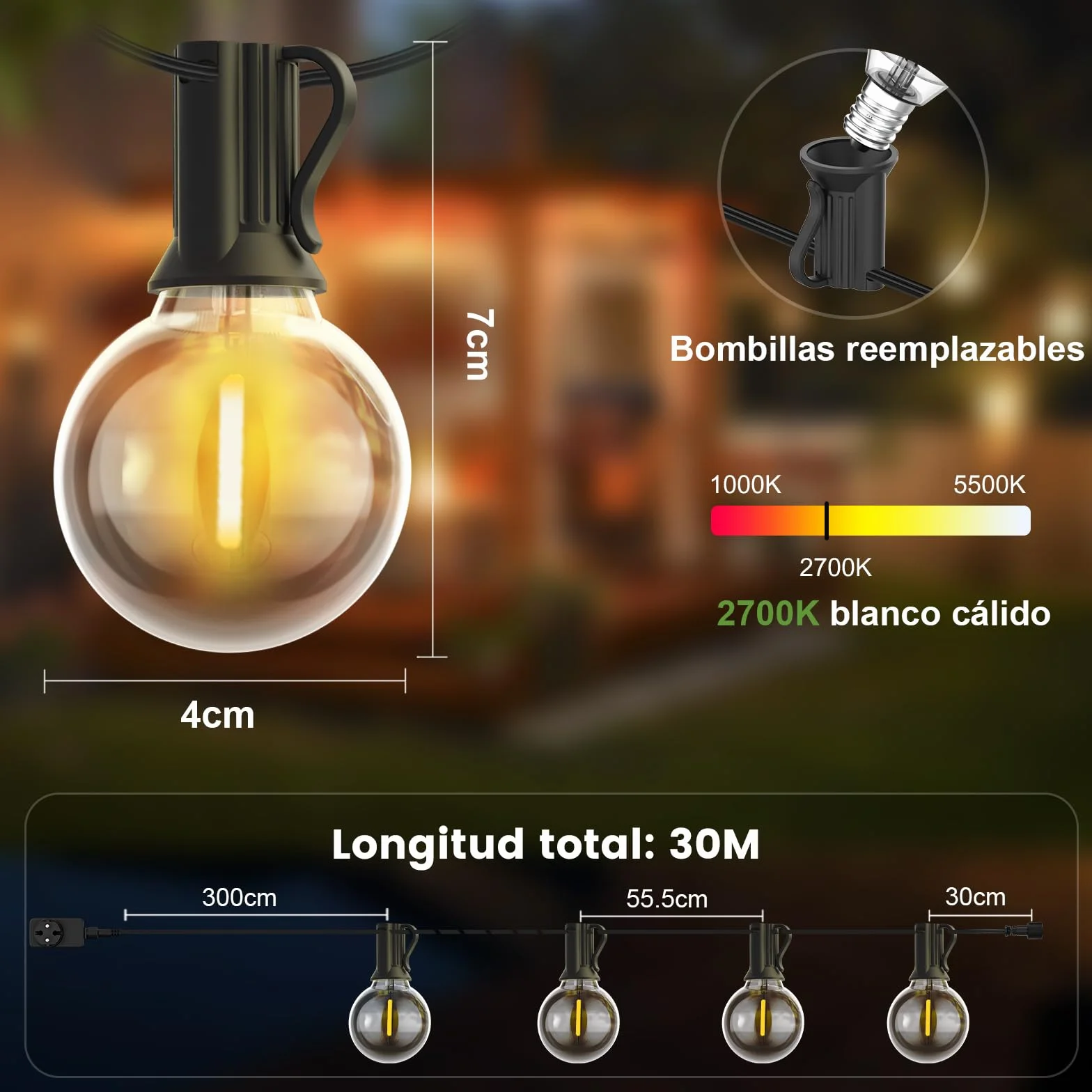Yuusei Guirnalda LED Exterior 30M, 52 Bombillas Plástico Inastillable, Impermeable 4 Modos Control Remoto