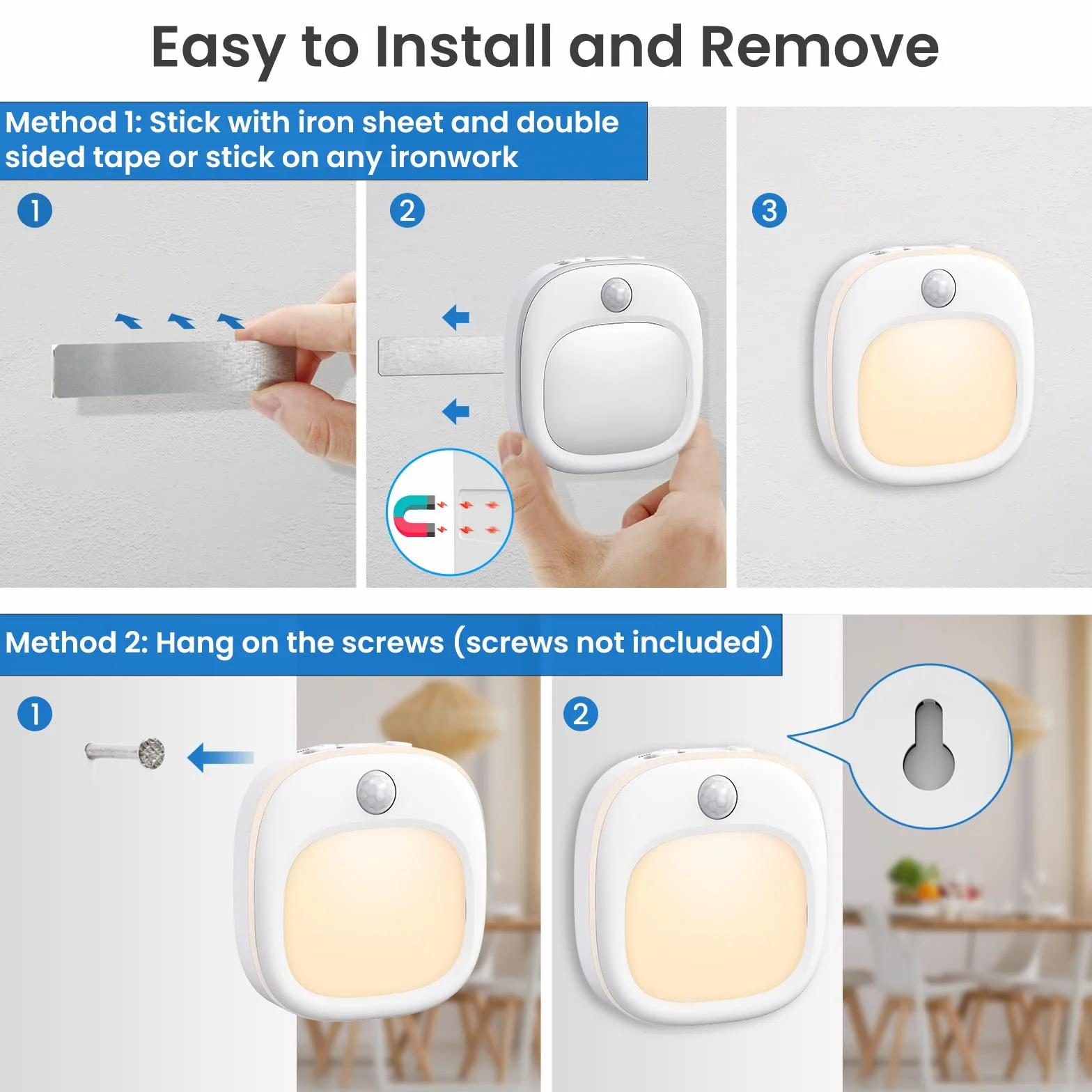 Luz Nocturna con Sensor de Movimiento USB-C Recargable 3 Modos de Color Regulable LED Adhesiva 2 Piezas