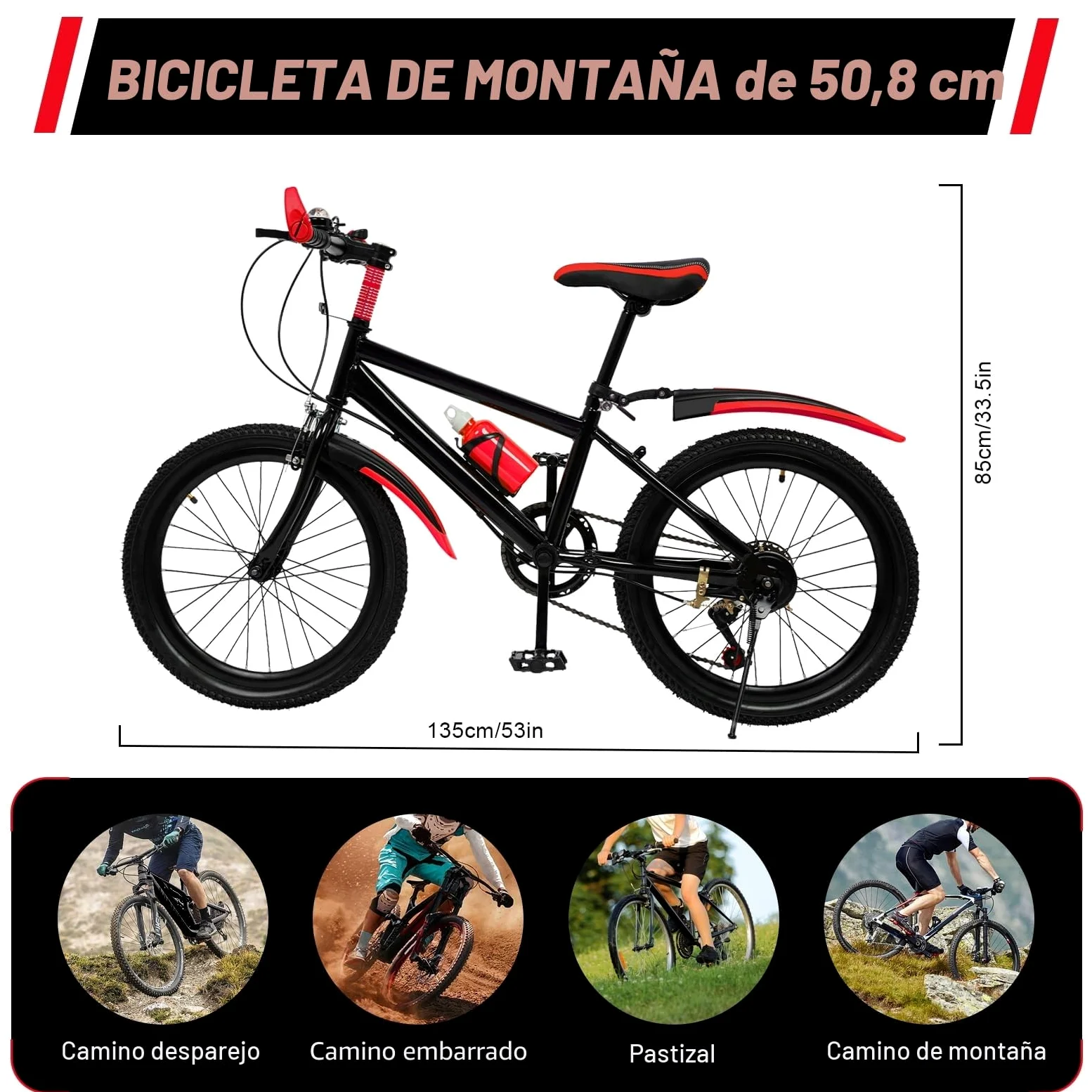 Bicicleta de montaña para adultos de 20 pulgadas, freno delantero y trasero, acero al carbono, altura regulable con transmisión roja