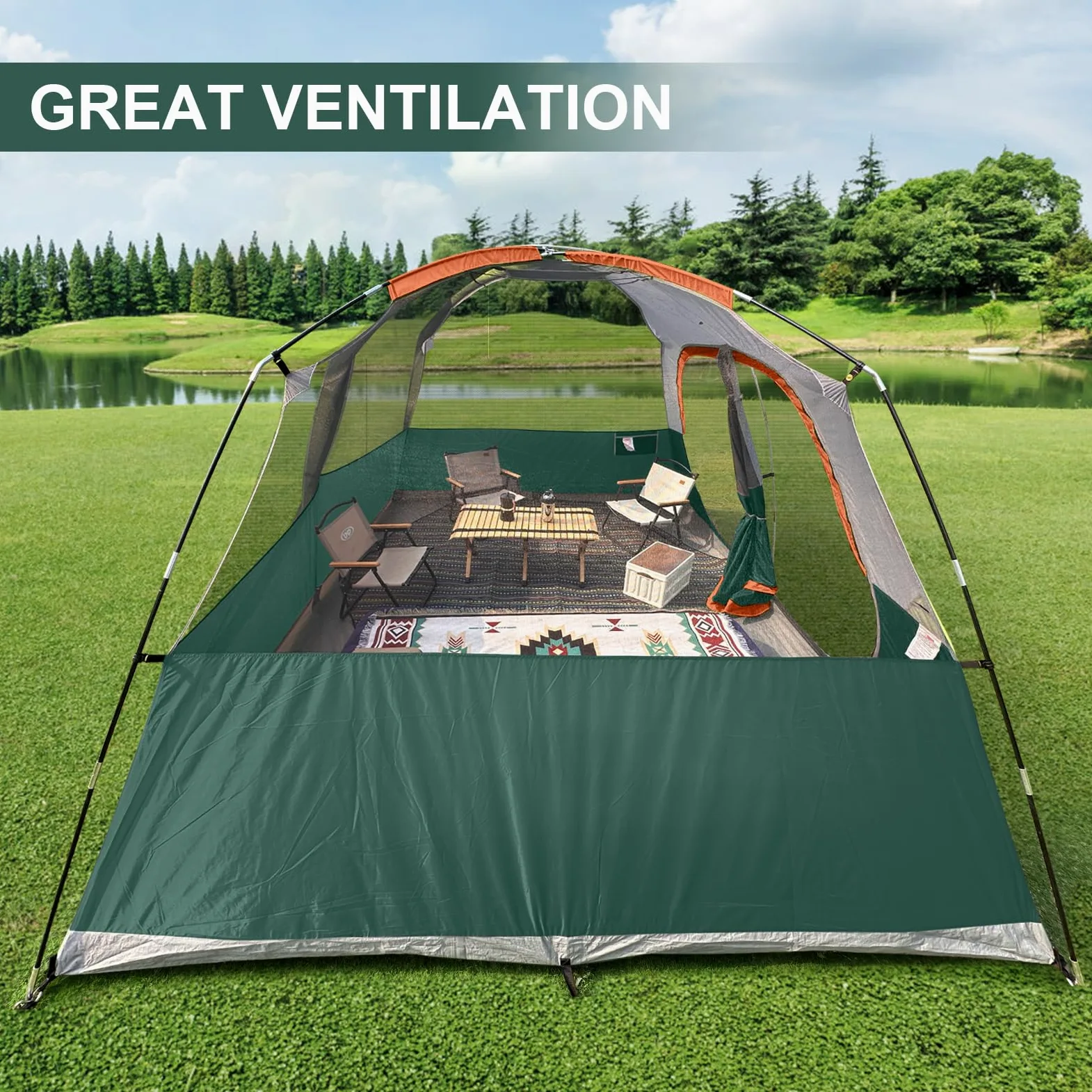 CAMPROS CP Tienda de Camping 6-8 Personas, Tienda Familiar Grande Impermeable y Resistente al Viento, Tienda Domo Doble Capa con Ventanas de Malla, Montaje Rápido, 4 Estaciones con Doble Techo y Bolsa