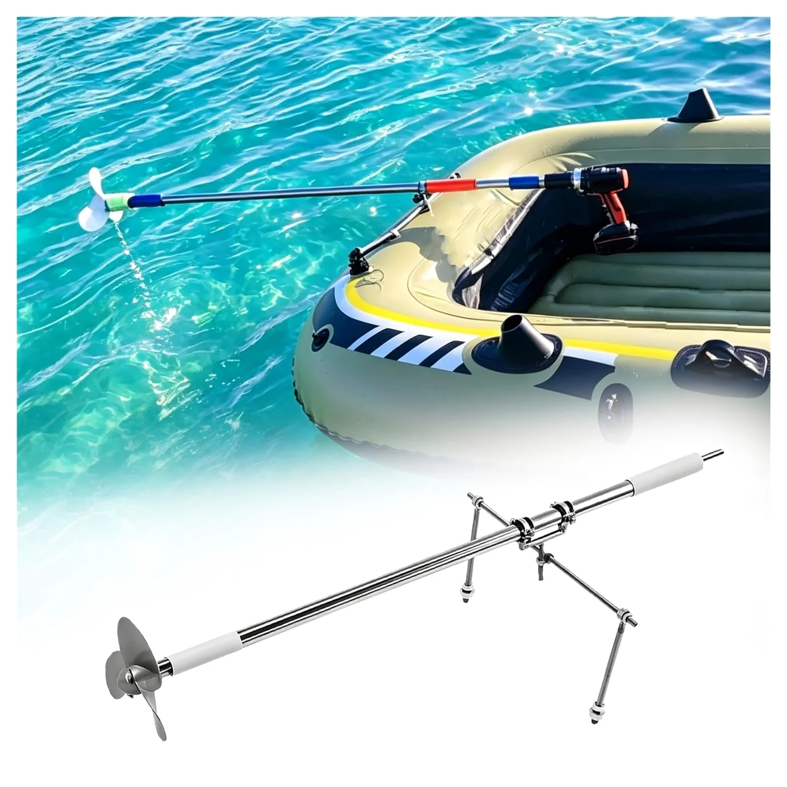 Motor Fueraborda Hélice Taladro Manual Barco, Kit Motor Emergencia balsa con Soporte, Motor direccional para Kayak Jon Boat