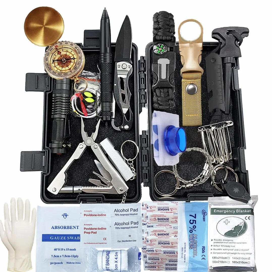 Kit de Supervivencia, 63 en 1 Multifuncional Equipo de Botiquín Primeros Auxilios, Regalos Ideales de Navidad y Cumpleaños para Hombres Supervivencia de Emergencia para Viajar Caminar Acampar