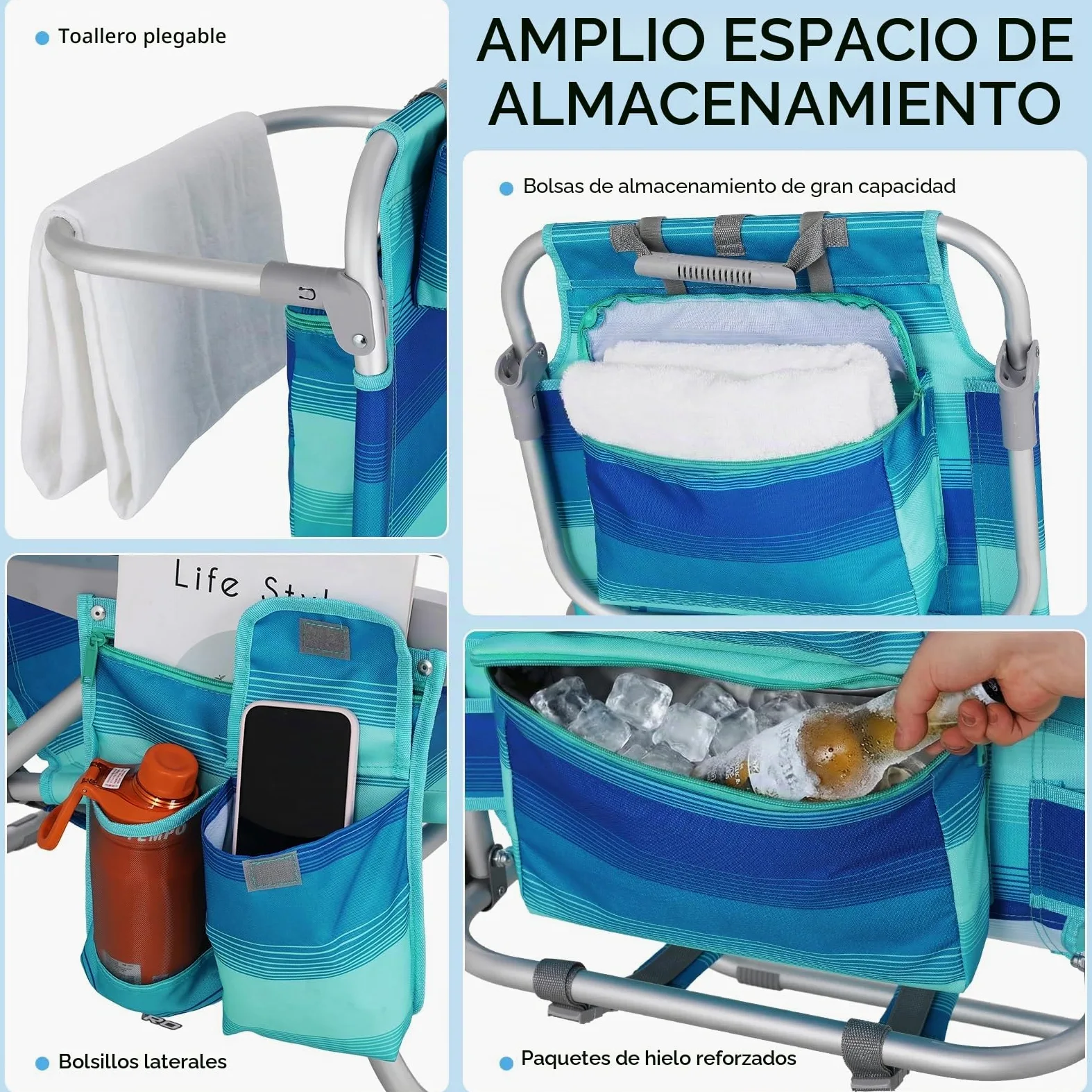 LIFERUN Silla de Playa Plegable de Aleación de Aluminio, Silla Plegable Ligera y Portátil como Mochila, Silla de Camping, Reclinable, Capacidad de Carga de hasta 150 kg, Silla Plegable de Exterior