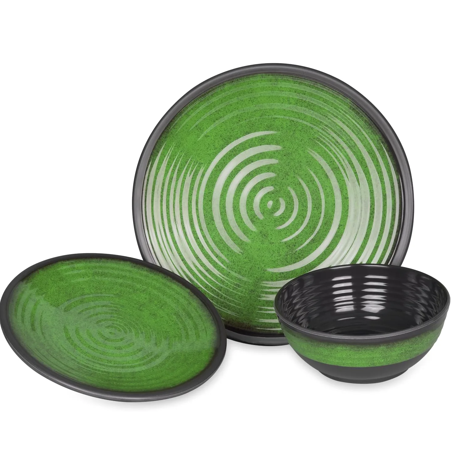 Juego de vajilla de melamina para camping, 4 personas, color verde piedra + 4 tazas de piedra tazas de café, vajilla de pícnic, barbacoa