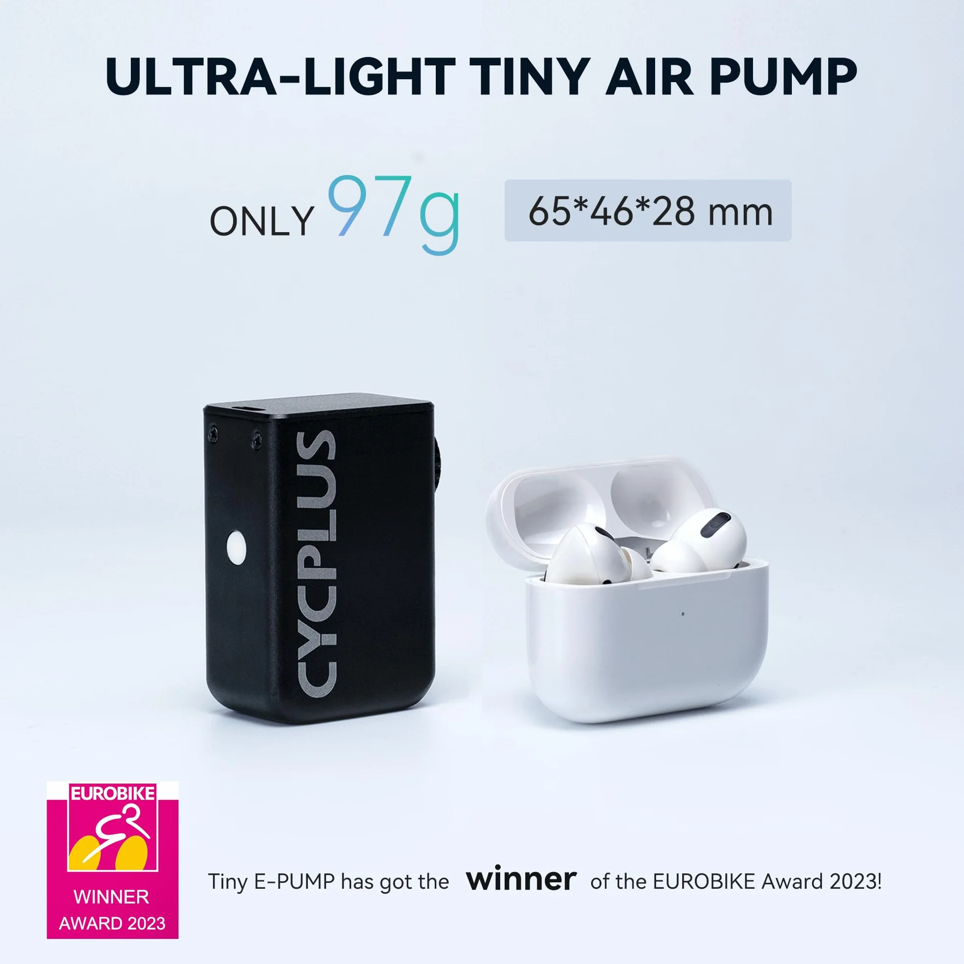 CYCPLUS Tiny E-Pump Bike Pump es una Ultra Mini Bomba de Bicicleta portátil. Tiene una Capacidad de 100 PSI y una batería (Ganador del Premio EUROBIKE 2023).