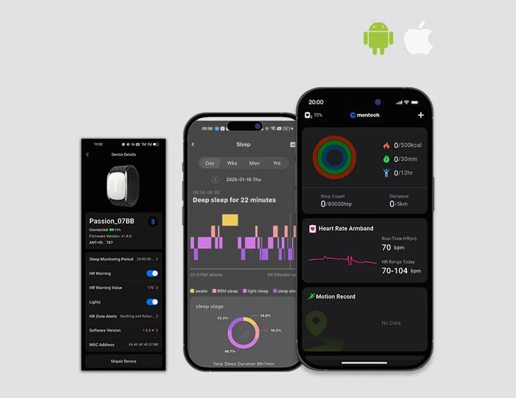 Passion HRM01 - Brazalete de frecuencia cardíaca Brazo Bluetooth Ant+ Sensor Óptico Monitoreo del sueño Compatible con Strava, Garmin, Wahoo, Apps... IP67