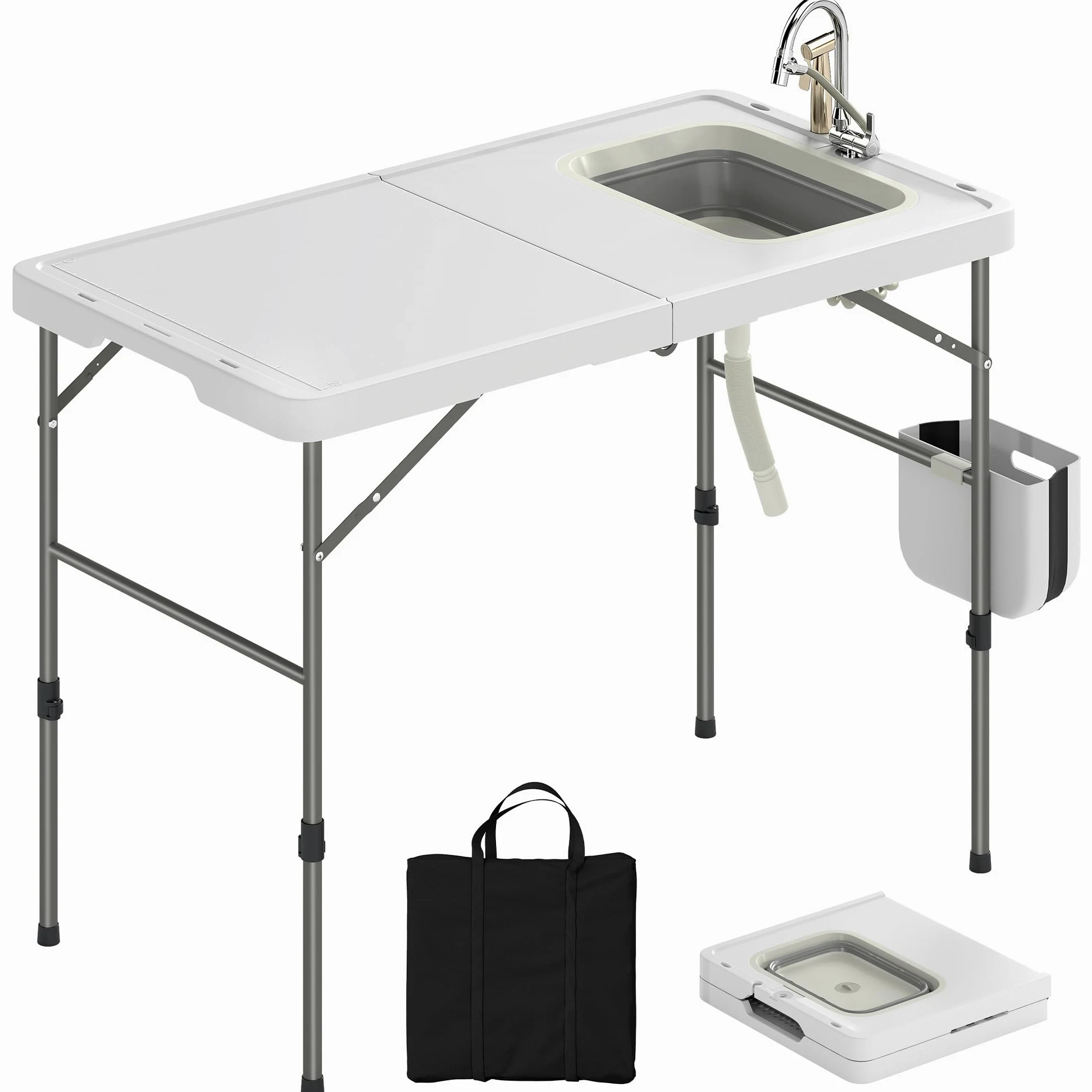 Outsunny Mesa Plegable Camping con Fregadero, Mesa Portátil con Grifo, Altura Regulable, Cubo Plegable, Bolsa de Transporte, Regla, Ranuras para Cuchillos, Mesa Auxiliar Exterior para Jardín Terraza