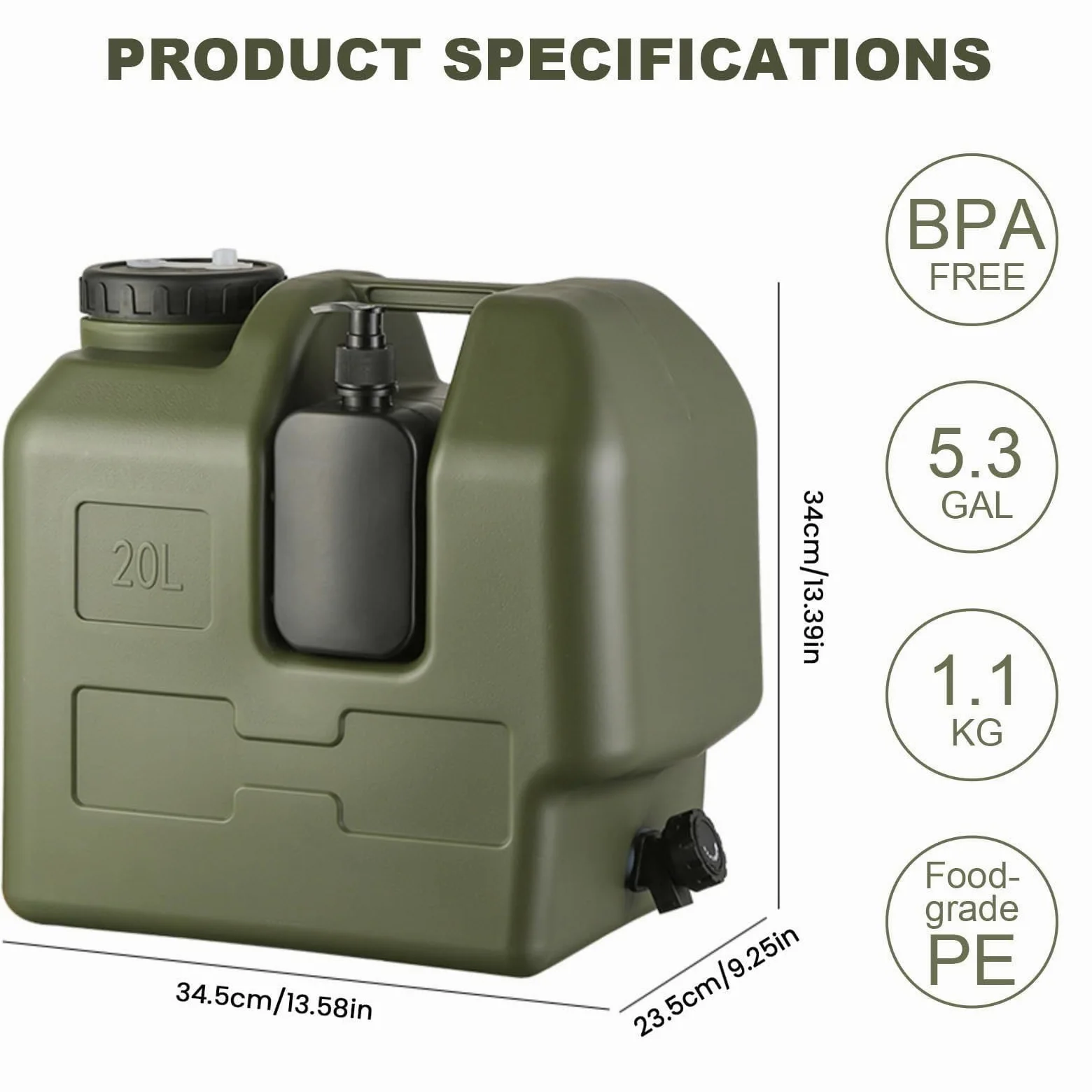 Contenedor de agua, jarra portátil de polietileno de alta densidad de 20 L, 34,5 x 23,5 x 35 cm, botella de jabón de manos incluida, ideal para senderismo, pesca, picnic, viajes, supervivencia o