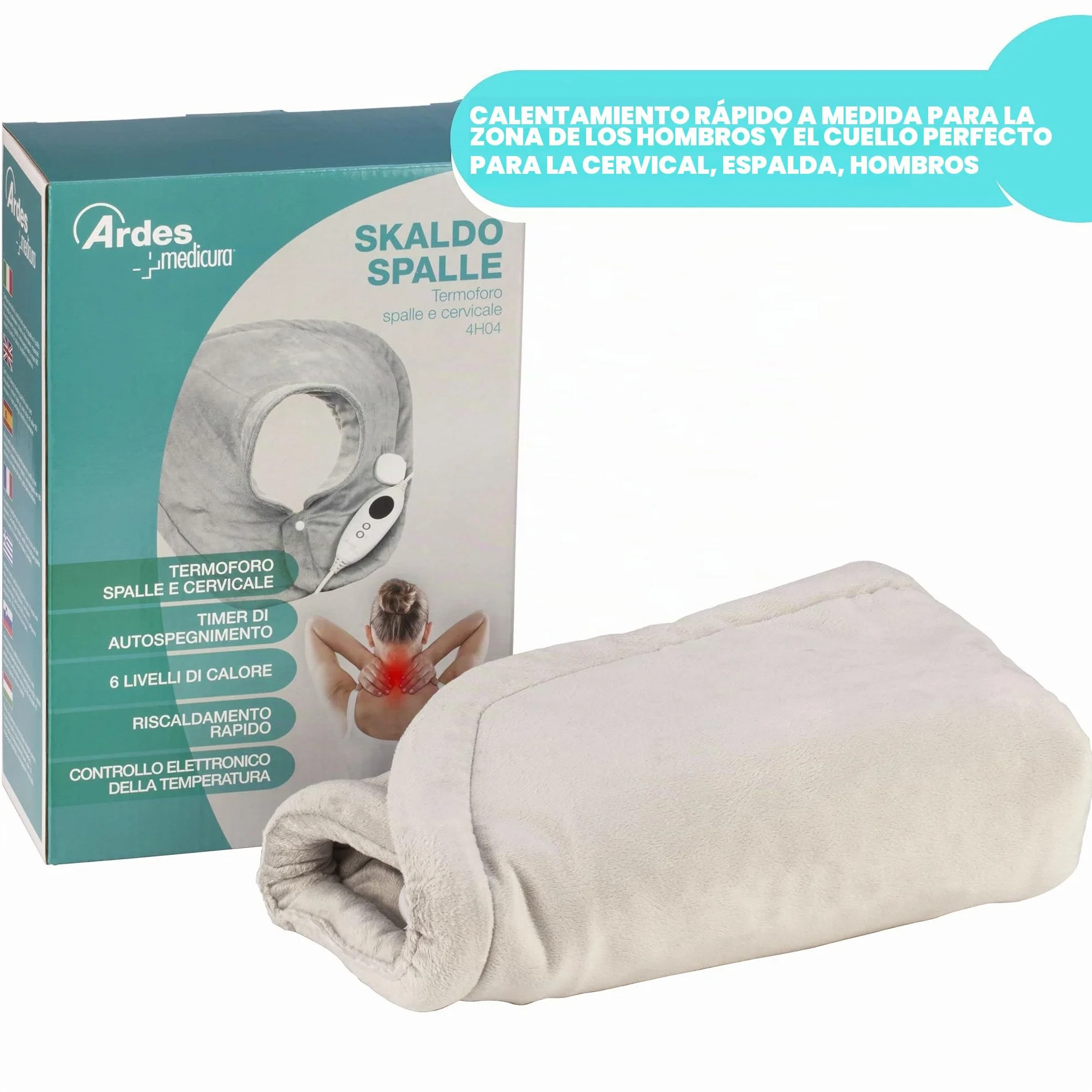 ARDES AR4H04 Almohadilla Térmica Eléctrica Calentadora Rápida Hombros Cuello Cervical 6 Niveles de Calor, Banda Cervical Cojín Térmico Eléctrico Relajante de Microfibra Suave Lavable en Lavadora