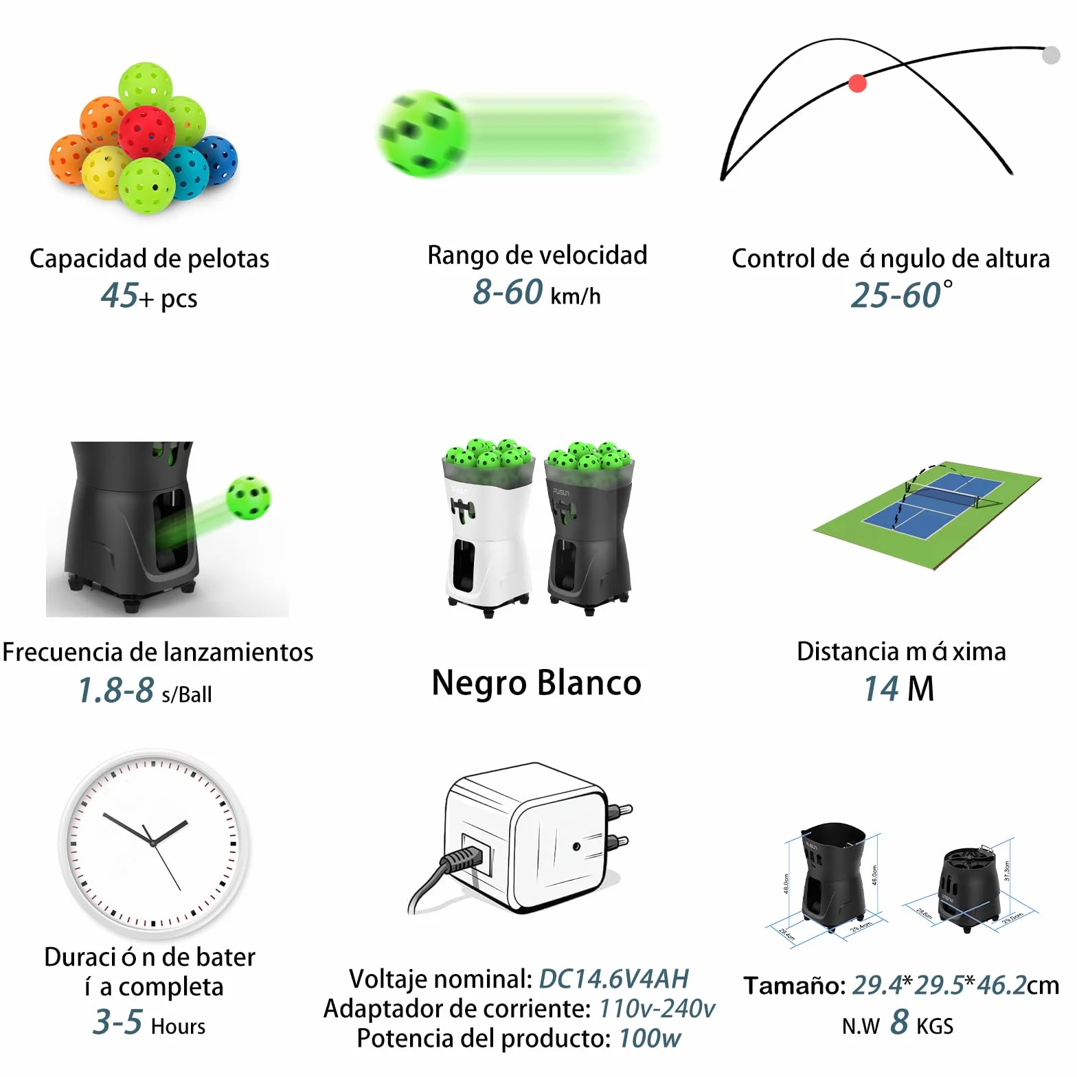 Máquina Lanzadora de Pickleball PP-Mini Pro, 8-60km/h, 45+ Pelotas, Control App
