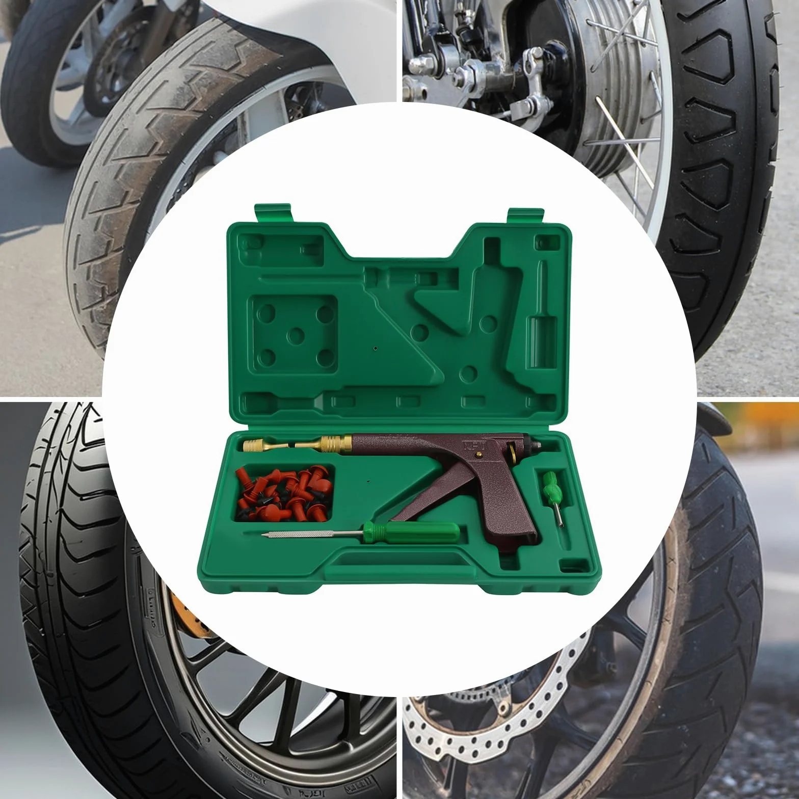 Kit de pistola de reparación de neumáticos, herramientas de reparación de pinchazos sin cámara con boquilla de sonda de hongo para motocicleta, camión, ATV, tractor, remolque, solución completa de