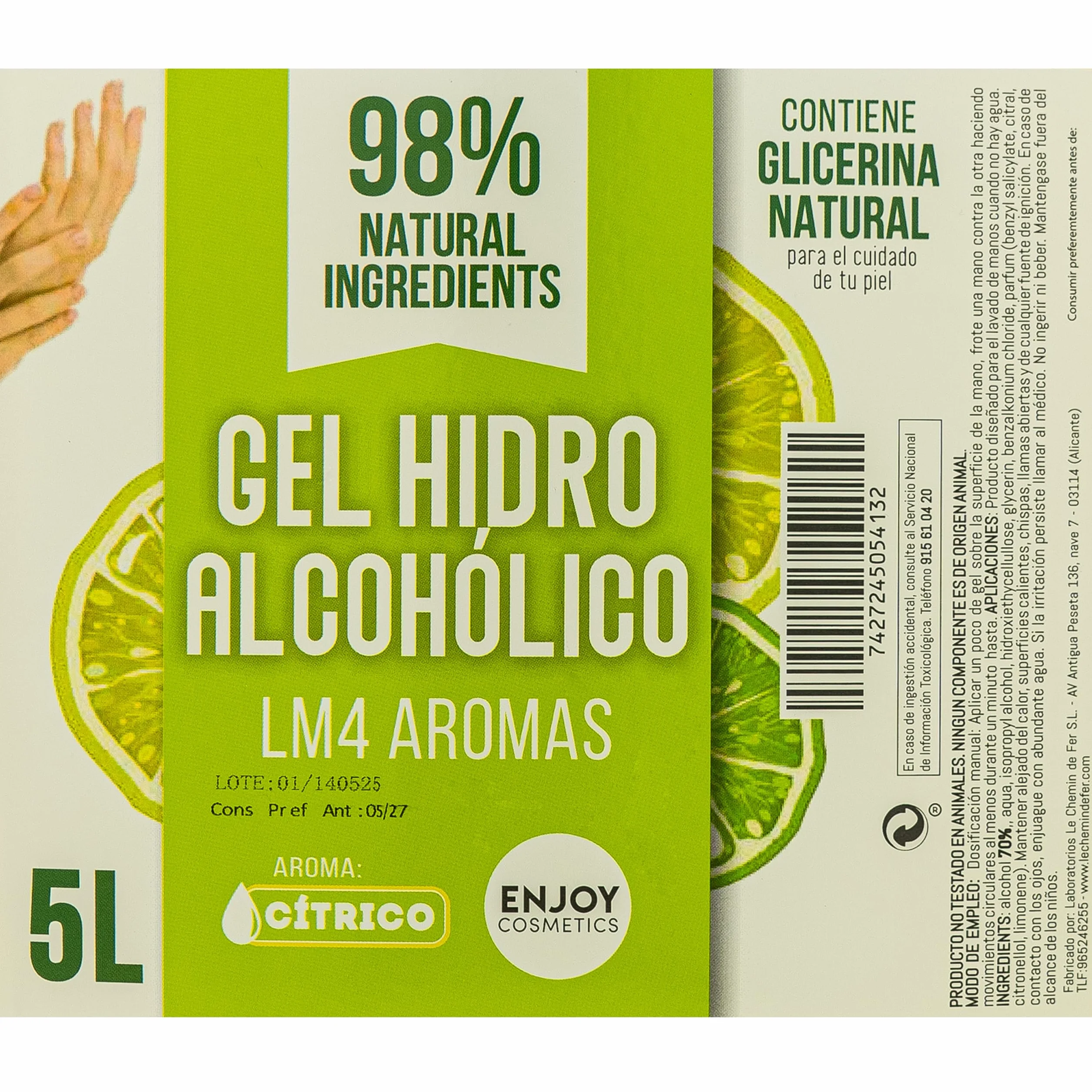 ENJOY COSMETICS Gel Hidroalcohólico Aroma Cítrico 5L 70% Alcohol con Glicerina Natural