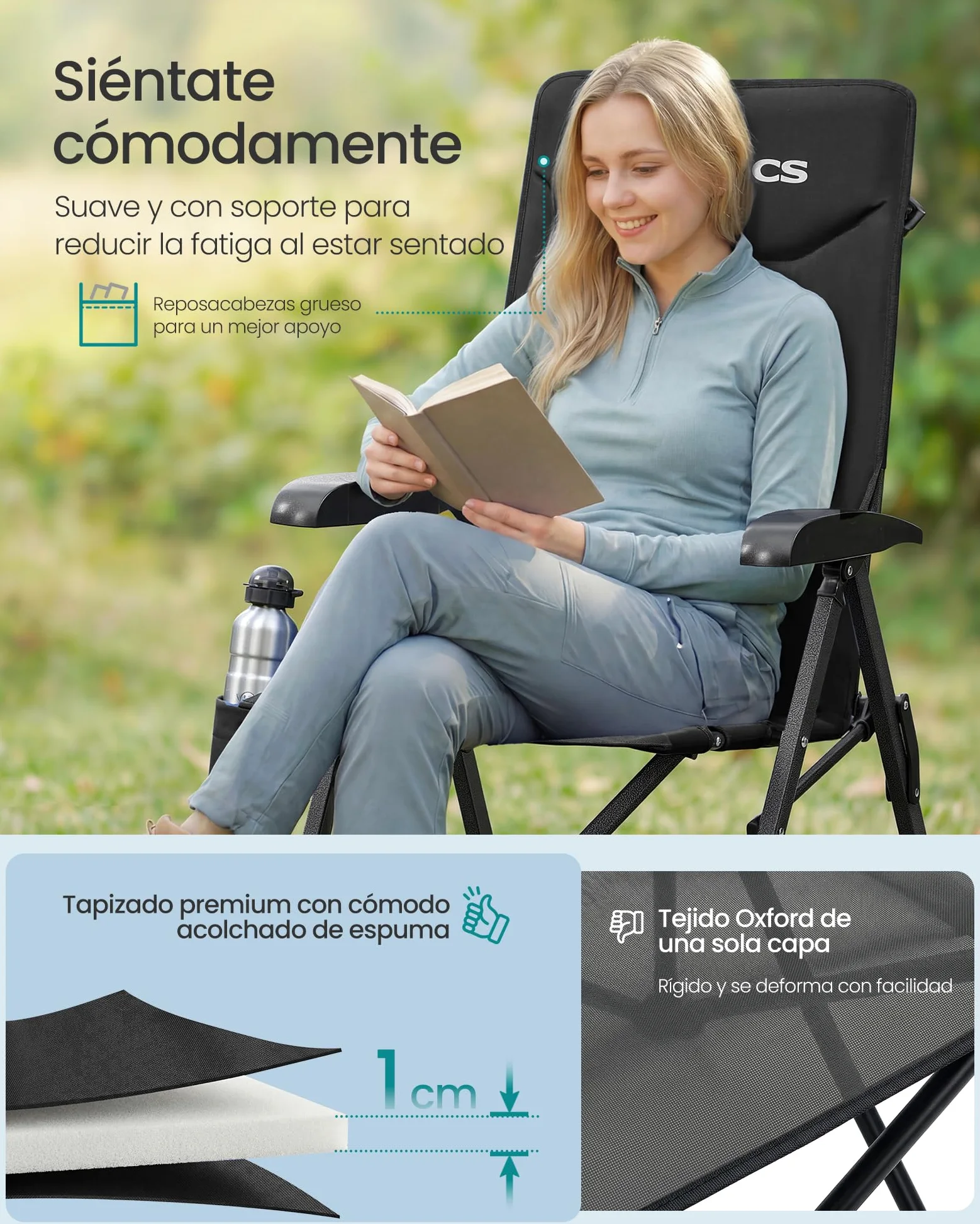 SONGMICS Silla de Camping para Adultos, Reclinable 95°-150°, Plegable, Respaldo Alto Ajustable, con Portavasos y Bolsa con Correa para el Hombro, Jardín, Pícnic, Pesca, Negro GCB015BZ01
