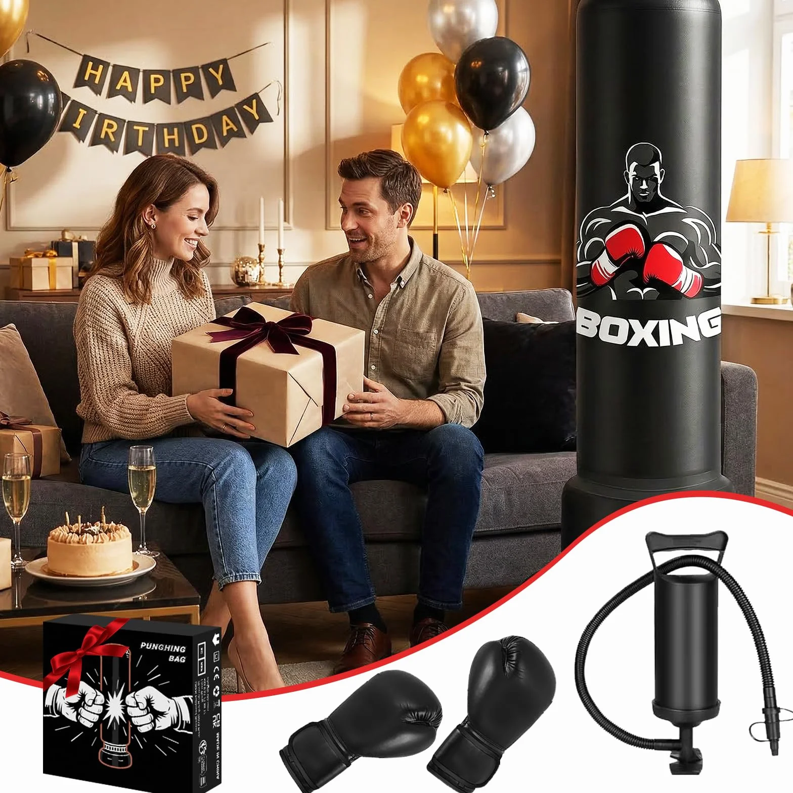 Saco de Boxeo Adulto 180cm Inflable de Pie con Guantes y Bomba Punching Bag de PVC Reforzado para Karate Kickboxing Taekwondo Saco Boxeo Pie para Entrenamiento en Casa
