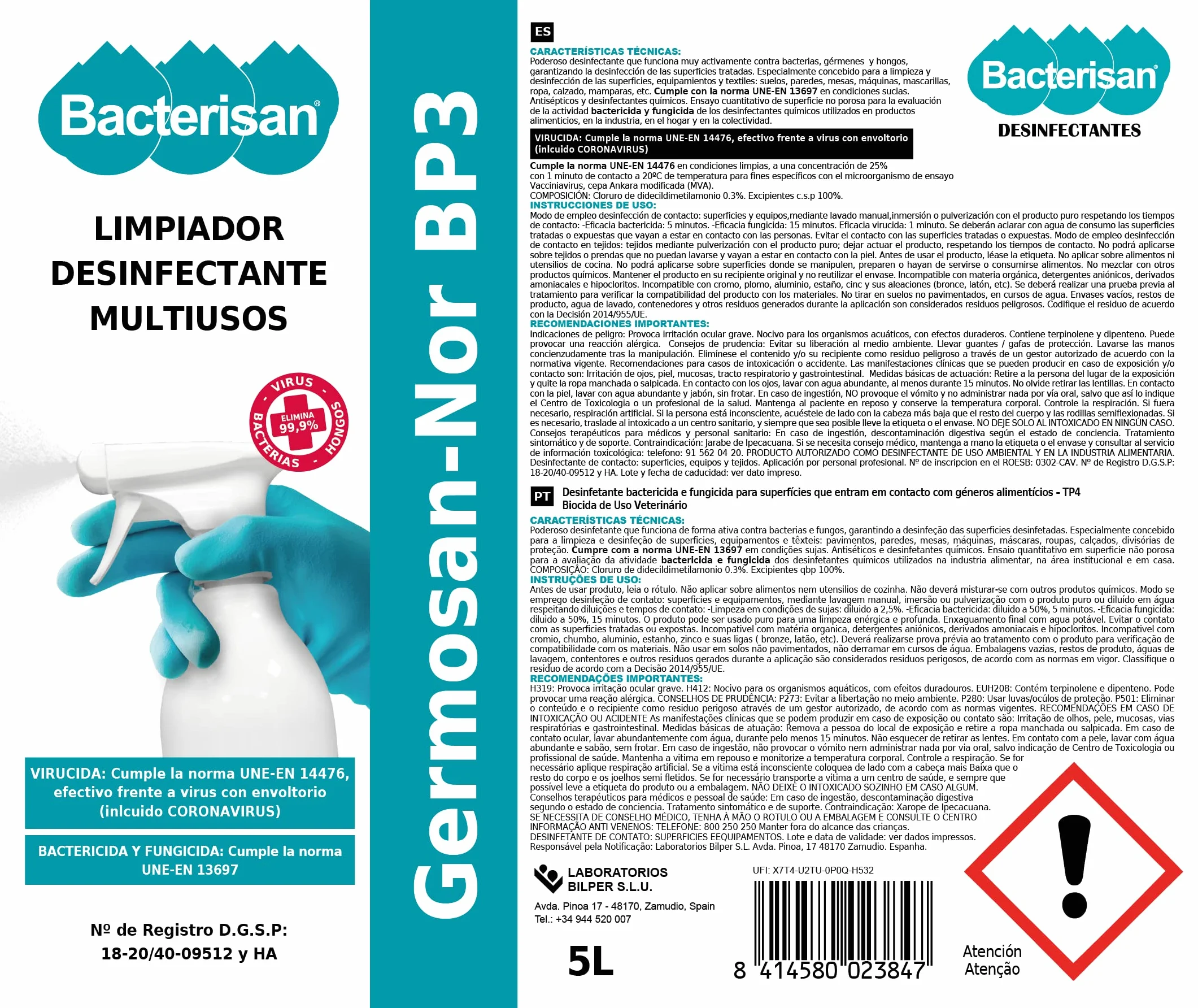 BACTERISAN Germosan Nor BP3 Desinfectante Multiusos Triple Acción 5 L