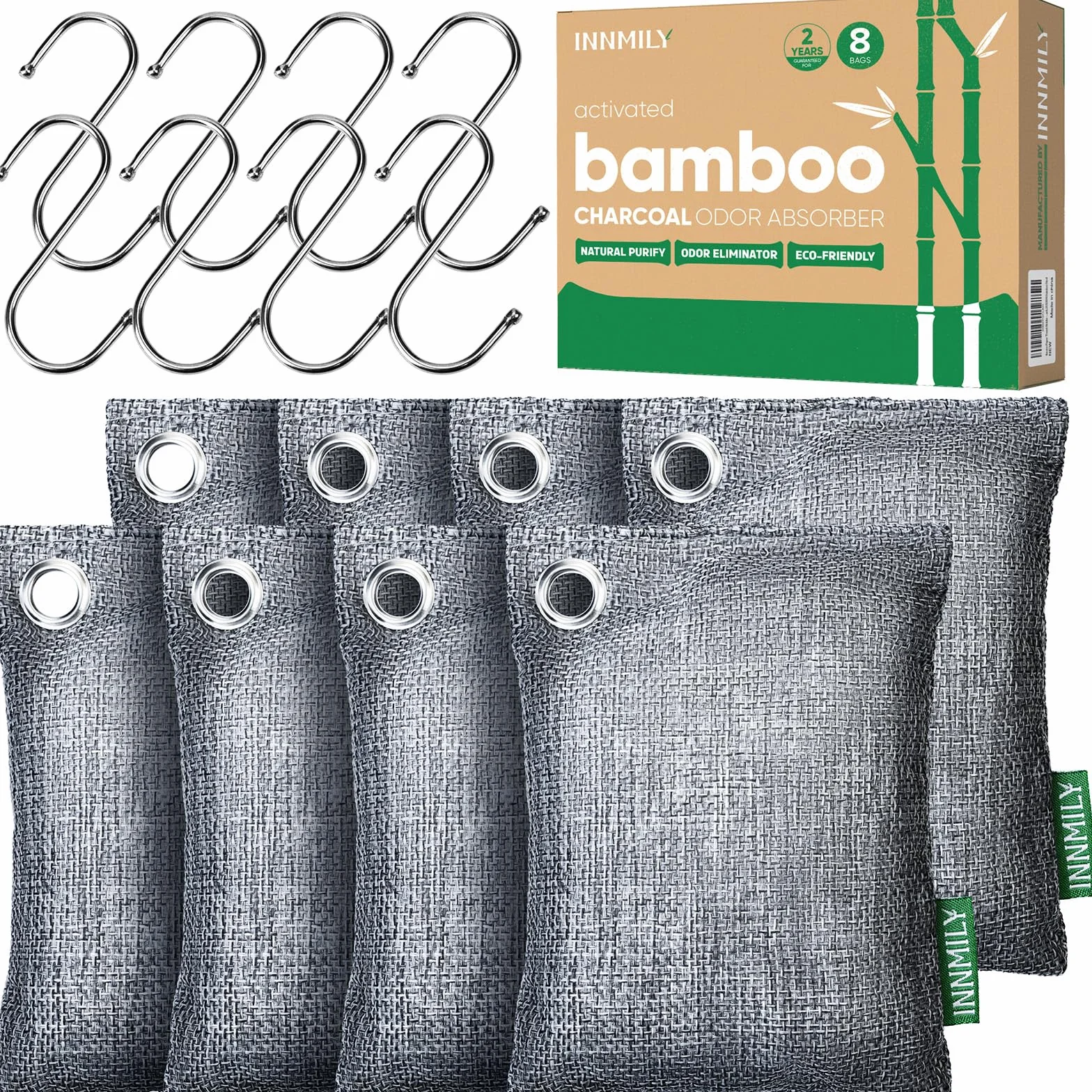 Absorbedor de olores de carbón activado, paquete de 8 ganchos, bolsas purificadoras de aire de carbón de bambú