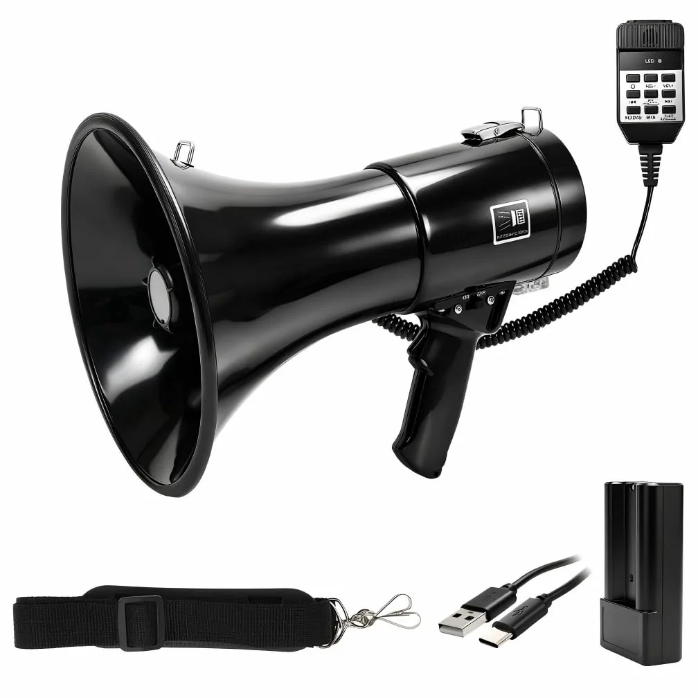 Roadtime Megáfono Portátil 150W con Sirena, Batería 4800 mAh | 700 s de Grabación, USB/TF/AUX 3,5 mm, Bluetooth, Alcance 2000 m, para Deportes y Actividades al Aire Libre