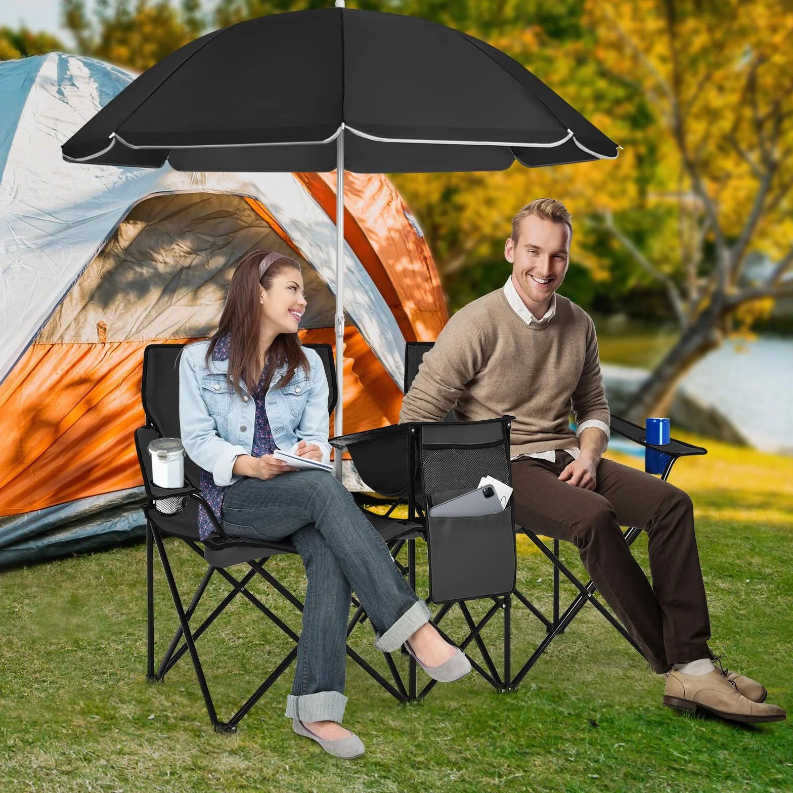 GIANTEX Juego de 2 Sillas de Camping Plegables con Sombrilla, Sillas de Pesca para 2 Plazas con Portavasos y Bolsa Nevera, para 2 Personas, con Bolsa de Transporte (Negro)