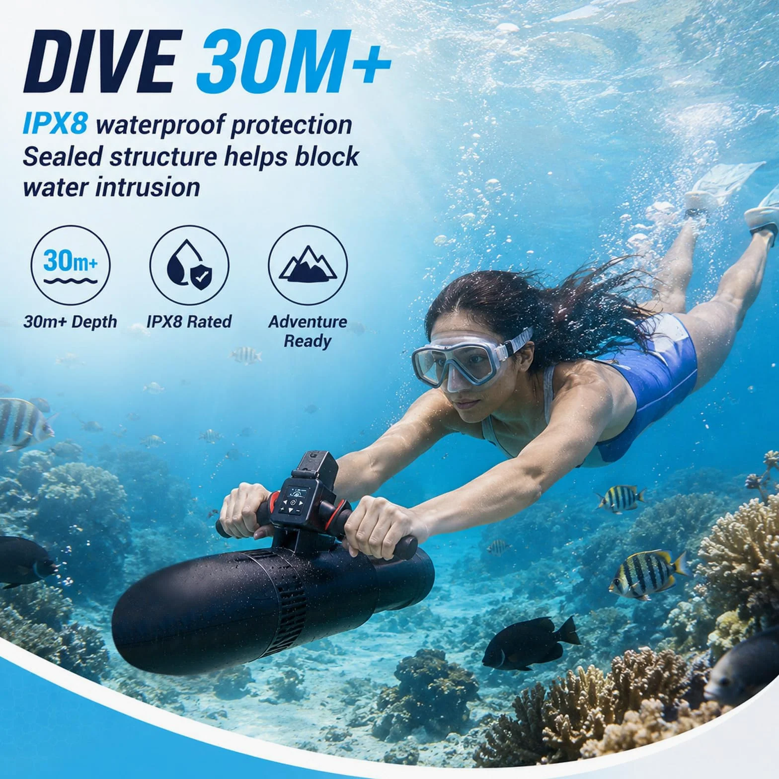 Scooter Submarino con Controlador Doble Modo y Asa de Buceo Ajustable, Profundidad 30M, Scooter Marino para Snorkel, Entrenamiento en Piscina, Tablas de SUP y Aventuras en Aguas Tranquilas 700W