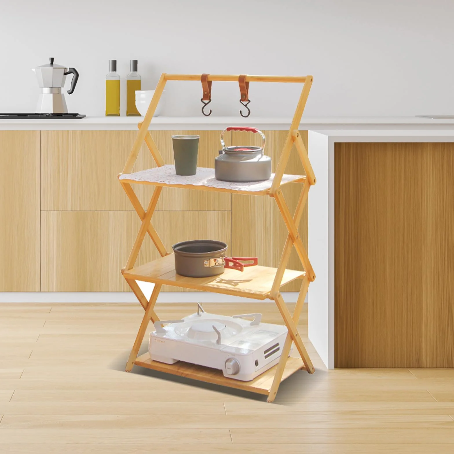 Estantería plegable de bambú, para camping, para exteriores, cocina, camping, barbacoa (4º piso, elevado)
