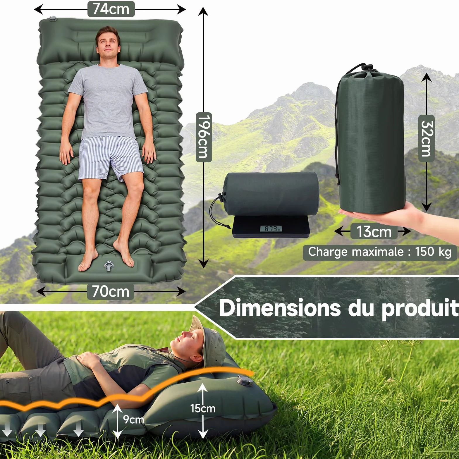Colchoneta Hinchable de Camping Ultraligera y Extraancha (Tamaño XL), Colchoneta Aislante con Cojín Integrado y Bomba de Pie, 196x74x9 cm, TPU 40D, Portátil para Exteriores y Viajes (Verde Militar)