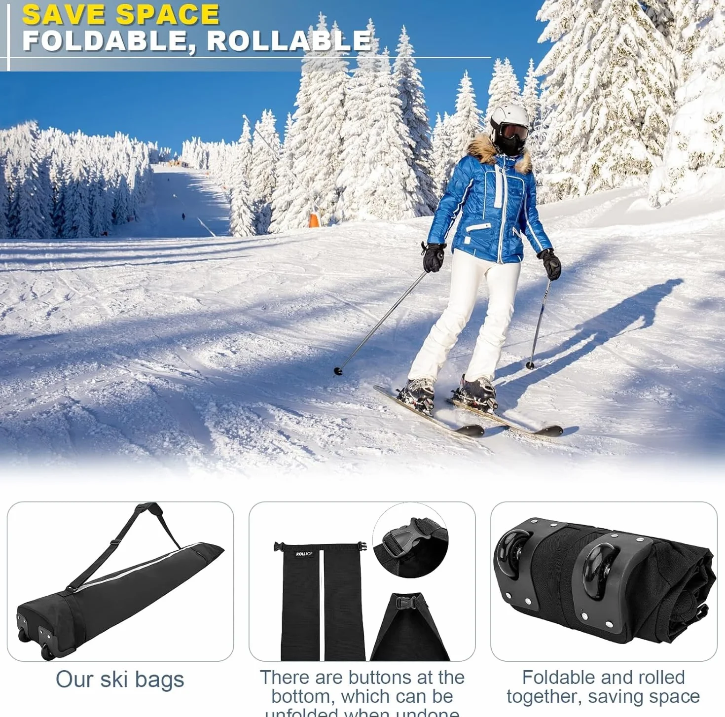 Bolsa de snowboard con ruedas, bolsa de almacenamiento impermeable para equipo de esquí, longitud ajustable bolsa de esquí (63-79 pulgadas), bolsa de esquí plegable para tabla, botas, ropa