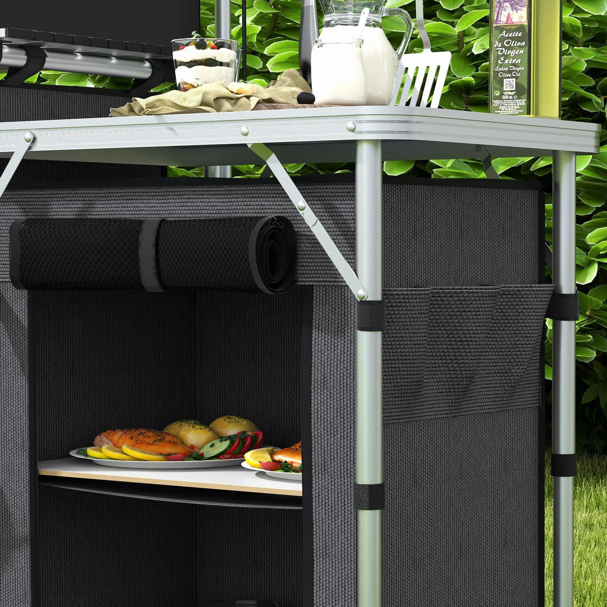 Outsunny Cocina de Camping Plegable, Armario de Camping de 3 Estantes con 5 Estantes Internos, 4 Ganchos y Bolsa de Transporte, Aluminio, MDF y Tejido Oxford, UV50+, 172x48x119 cm, Negro
