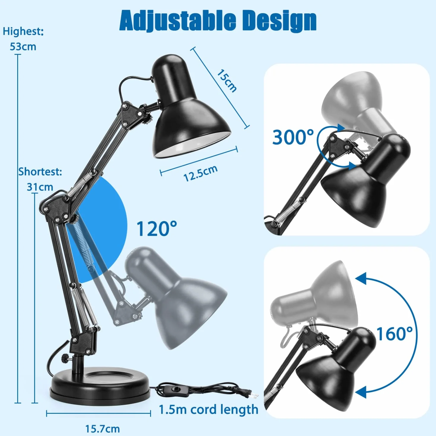 Aigostar Lámpara de Escritorio E27, Brazo articulado de metal, Lámpara de Mesa Ajustable Negro