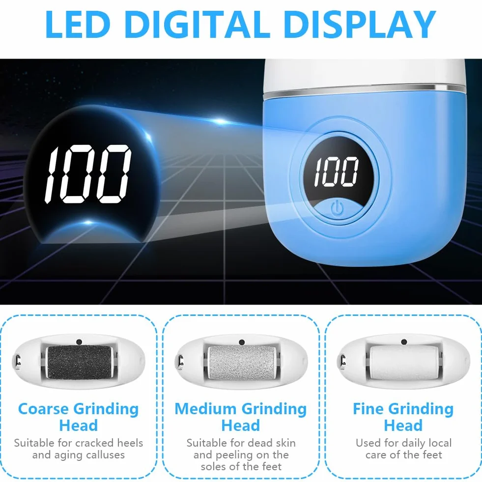 Lima Electrica Pies Durezas 2 en 1 Molinillo Quita Callos Profesional con 3 Rodillos Recambio Pantalla Digital Azul