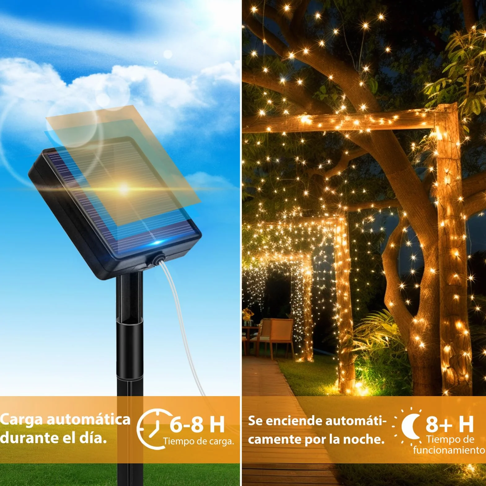 Peasur Guirnaldas Luces Exterior Solar 3 Pack 12+2M 120LED Luces Solares LED Jardin Luz Navidad Cadena Decoracion Arbol, Cálido