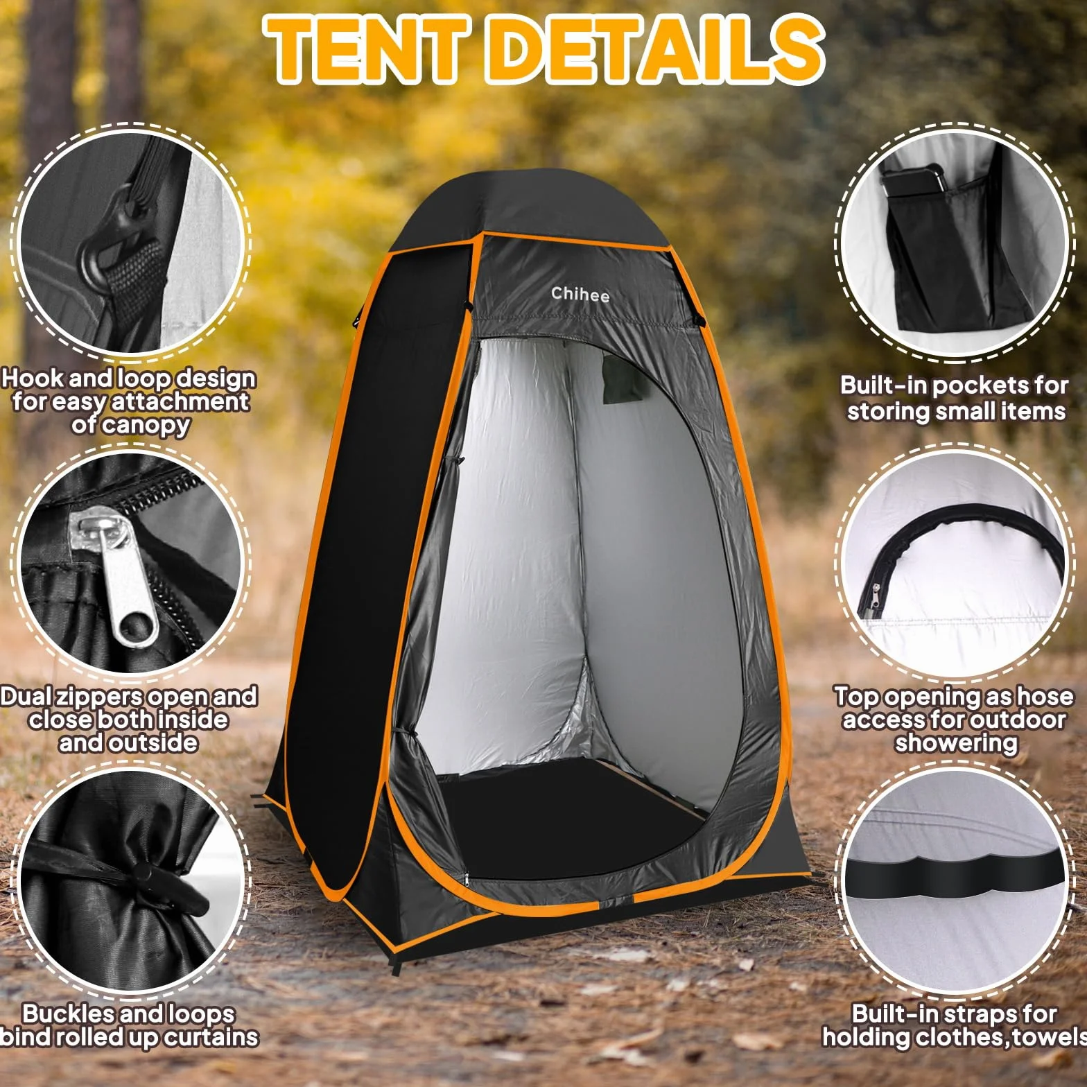 Chihee Pop Up Tienda de Baño Camping Portátil 1 Habitación Cabina Ducha Vestidor Plegable Negro