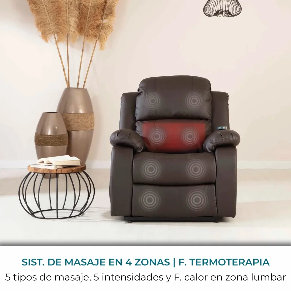 Don Descanso Sillón Masaje Relax Calor Trevi Choco Reclinable 160º 8 Motores Silenciosos Calor Lumbar Masaje 4 Zonas PU Anti-Cuarteo