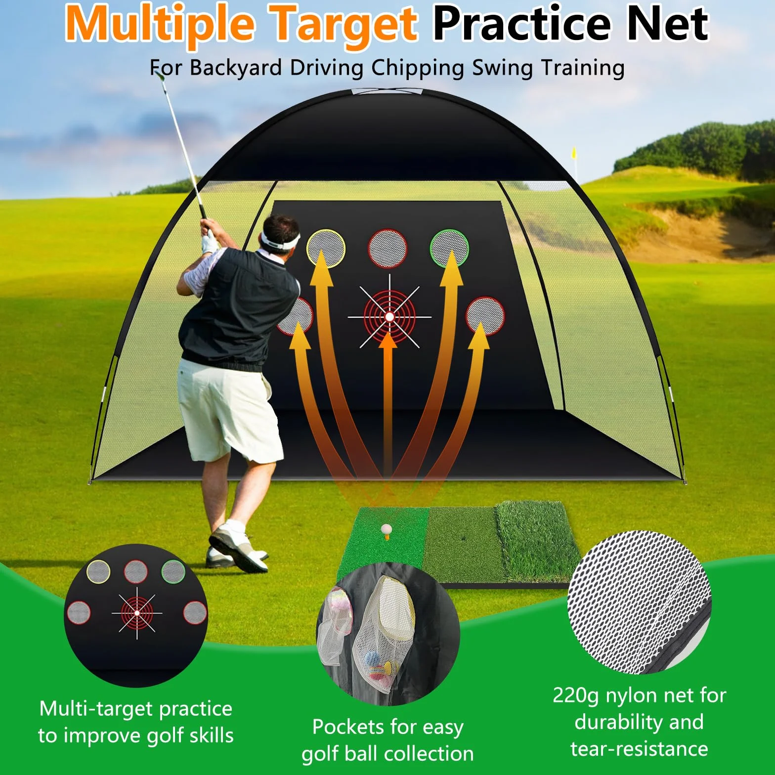 TTCB Sports Red de práctica de golf al aire libre, red de golpeo de golf de 10 x 7 pies para interiores con alfombrilla y corrector de swing para conducir en el patio trasero, astillado, accesorios de