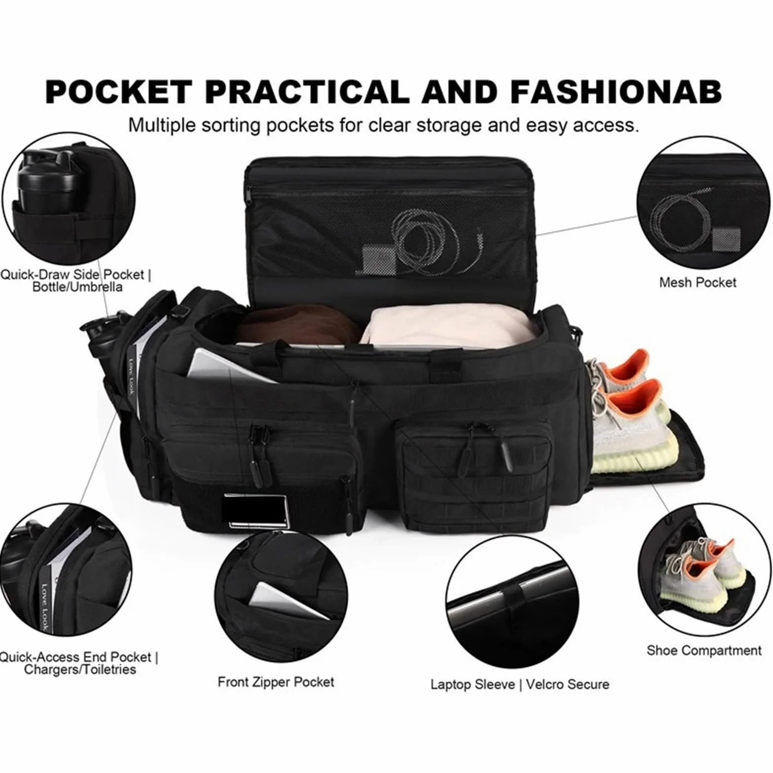 Bolsa Deporte Bolsa de Lona Viaje 3 en 1 50L for Hombre, Bolsas Deportivas Grandes for Gimnasio, Mochila con Compartimento for Zapatos y Bolsillo húmedo(Black and White)