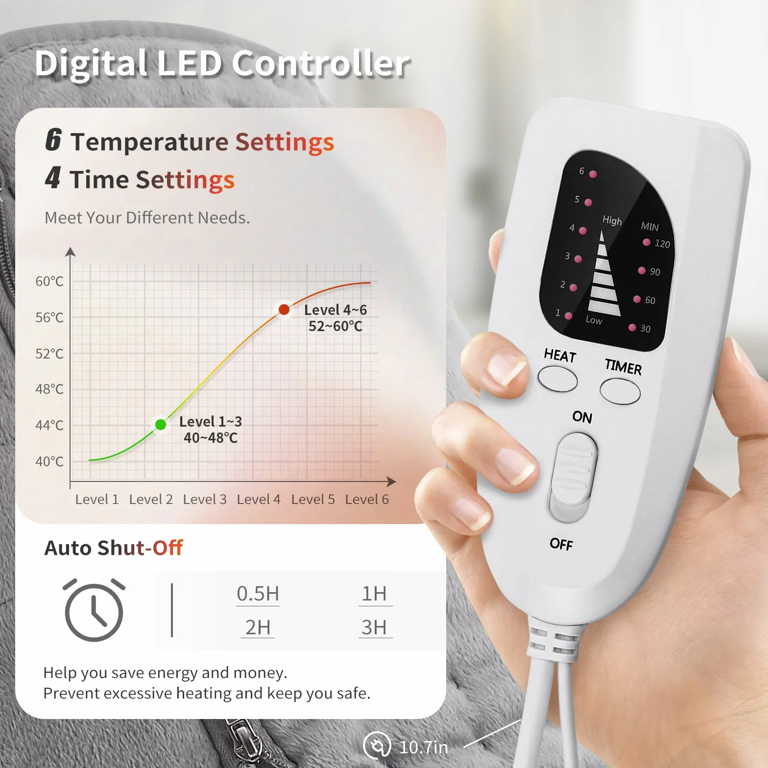 AOROY Almohadilla Eléctrica 126X30CM Apagado Automático Protección Sobrecalentamiento 6 Niveles Temperatura