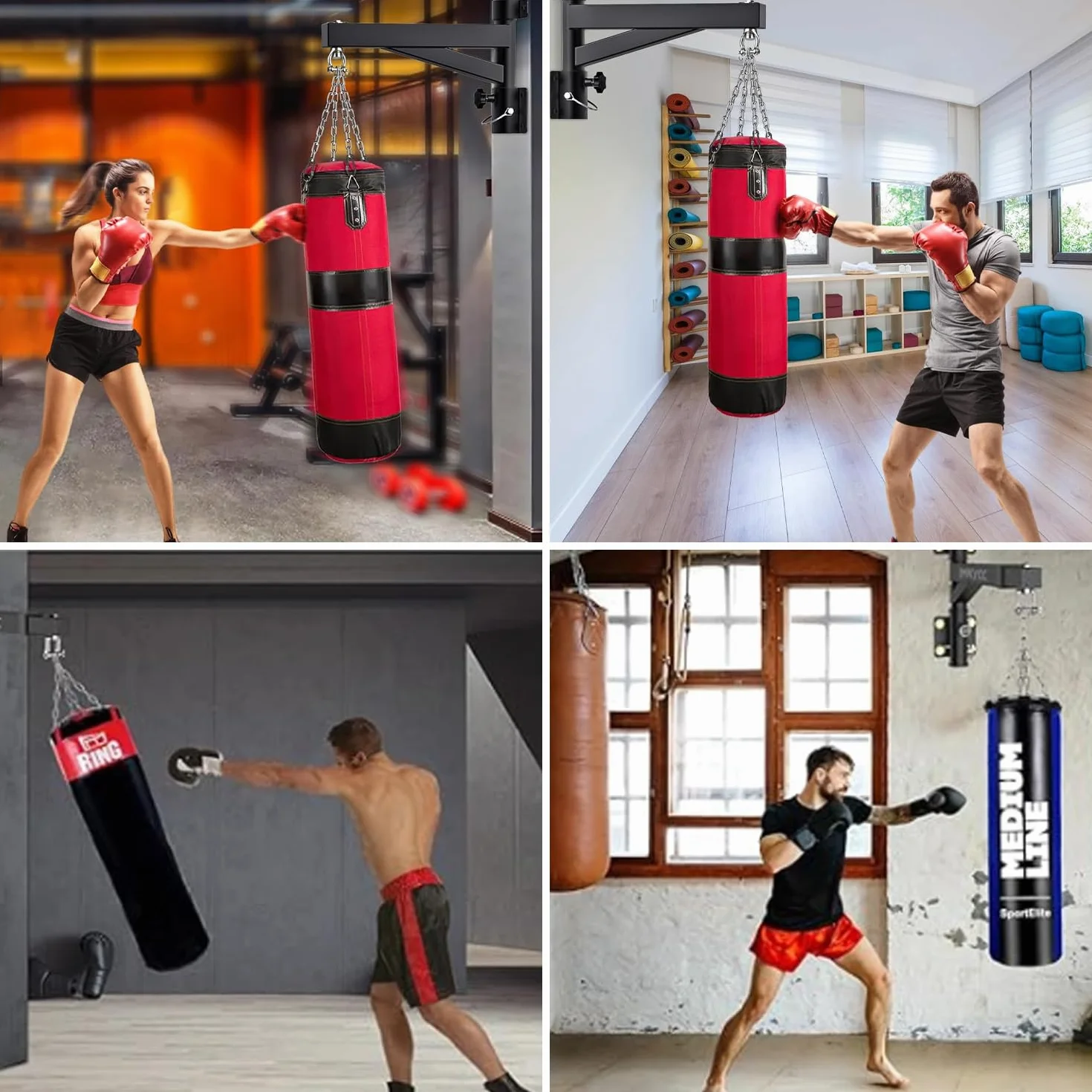 Soporte para Saco de Boxeo - Soporte de Pared Ajustable 44-64cm con Rotación 360° Silenciosa, Heavy Duty 100kg, Construcción en Acero Resistente para Gimnasio Casa/MMA, Soporte para Saco de Boxeo