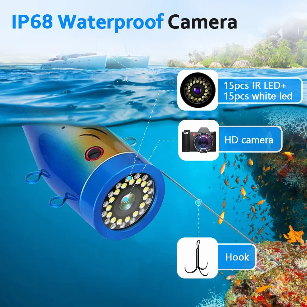 Cámara de Pesca Submarina con Buscador de Peces de 7 Pulgadas Cámara de Pesca HD 1000TVL Impermeable 15M Sonda de Pesca para Pesca en el mar, Pesca en Hielo, Pesca en Barco
