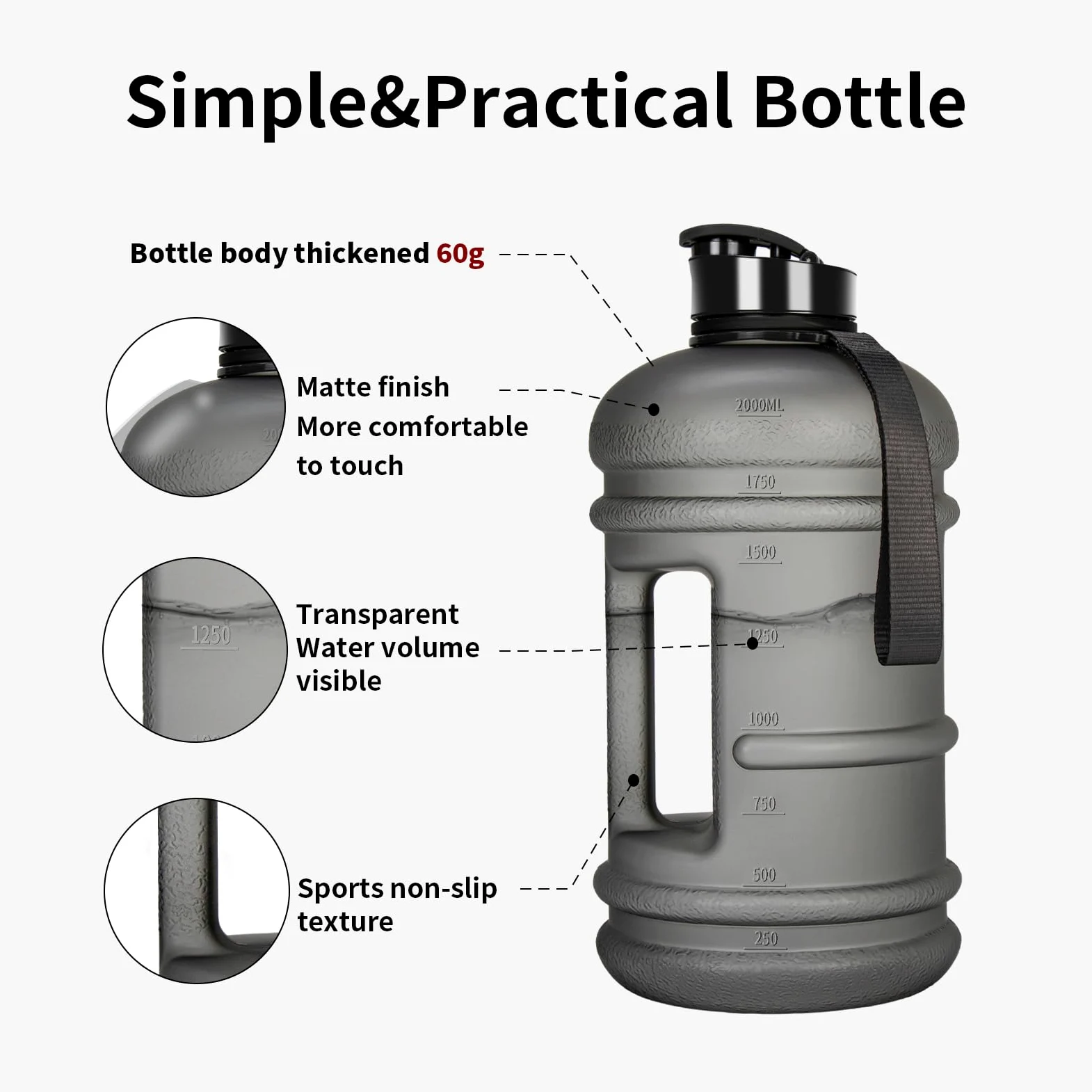 TOOFEEL Botellas de agua de 2 litros, botella de agua de medio galón sin BPA, ideal para gimnasio, jarra de agua de medio galón, botella de agua grande reutilizable con medidas marcadas, botella de