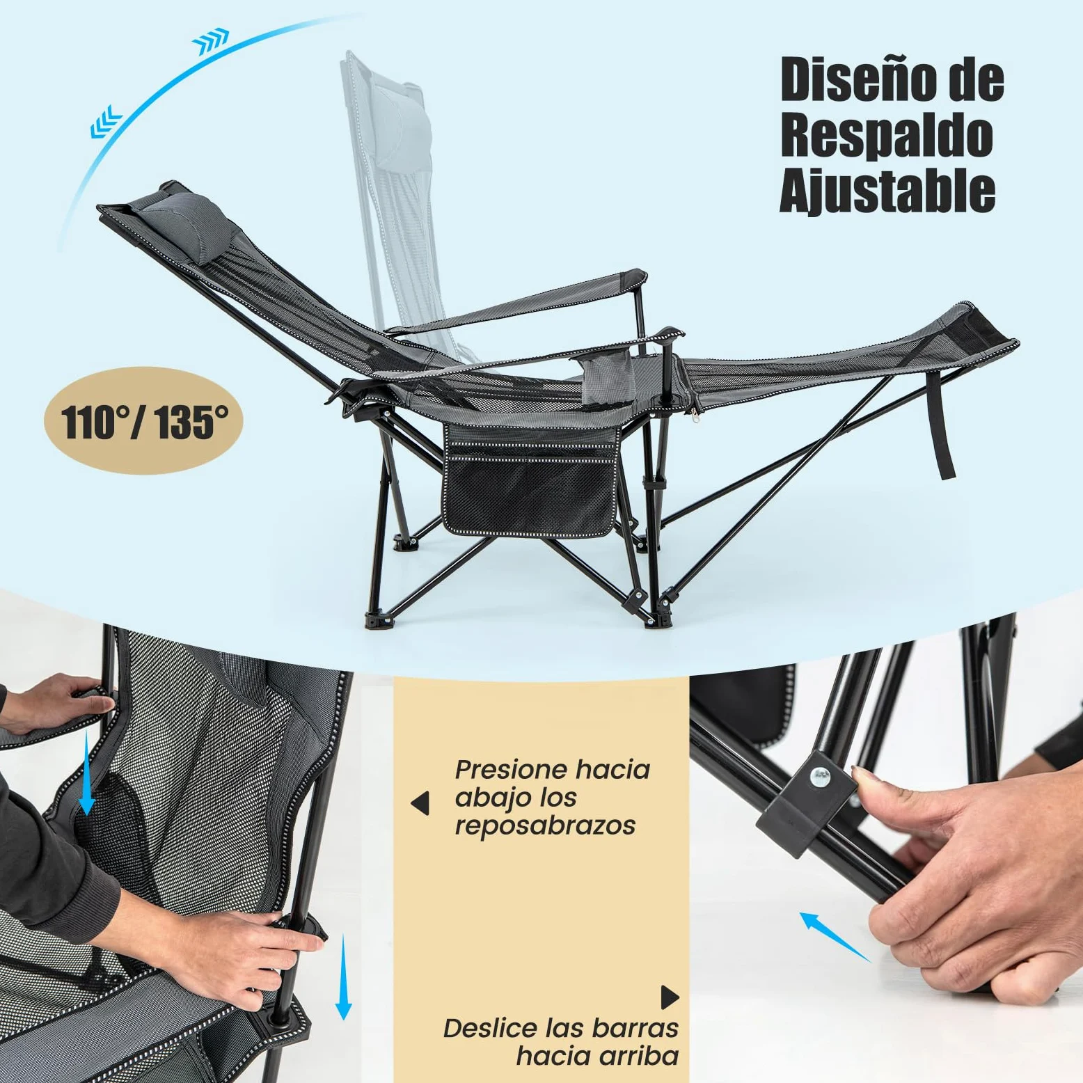 COSTWAY Silla Plegable Camping, Silla de Acampada Portátil 2 en 1, Reposapiés Desmontable, Respaldo Ajustable, Portavasos y Reposacabezas, Bolsa De Almacenamiento, Silla Camping Pesca, Picnics (Gris)
