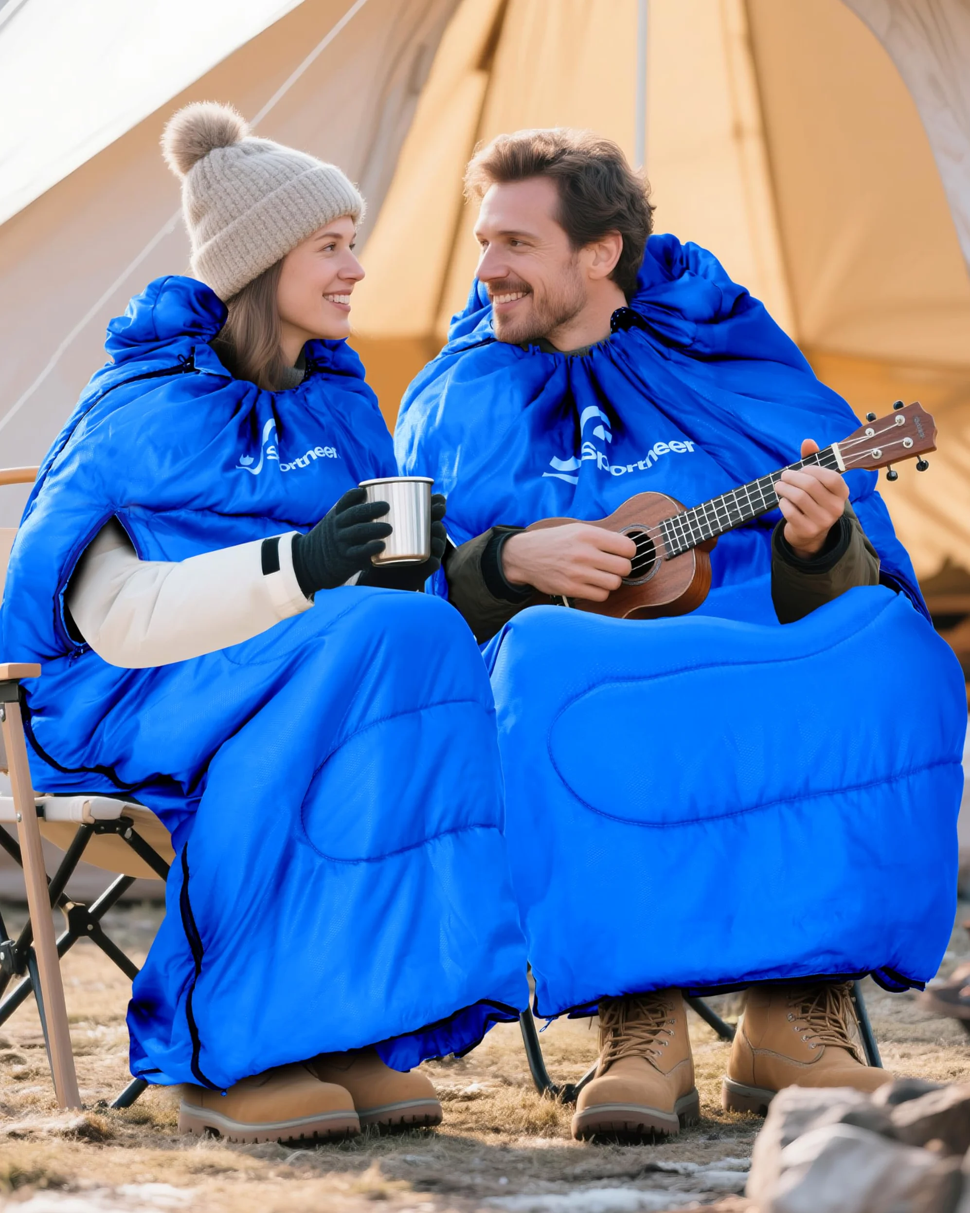 Sportneer Saco de Dormir portátil Adecuado para Las 4 Estaciones con Orificios con Cremallera para Brazos y pies Saco de Dormir Individual para Adultos para Senderismo y Viajes, 20 Grados, Azul