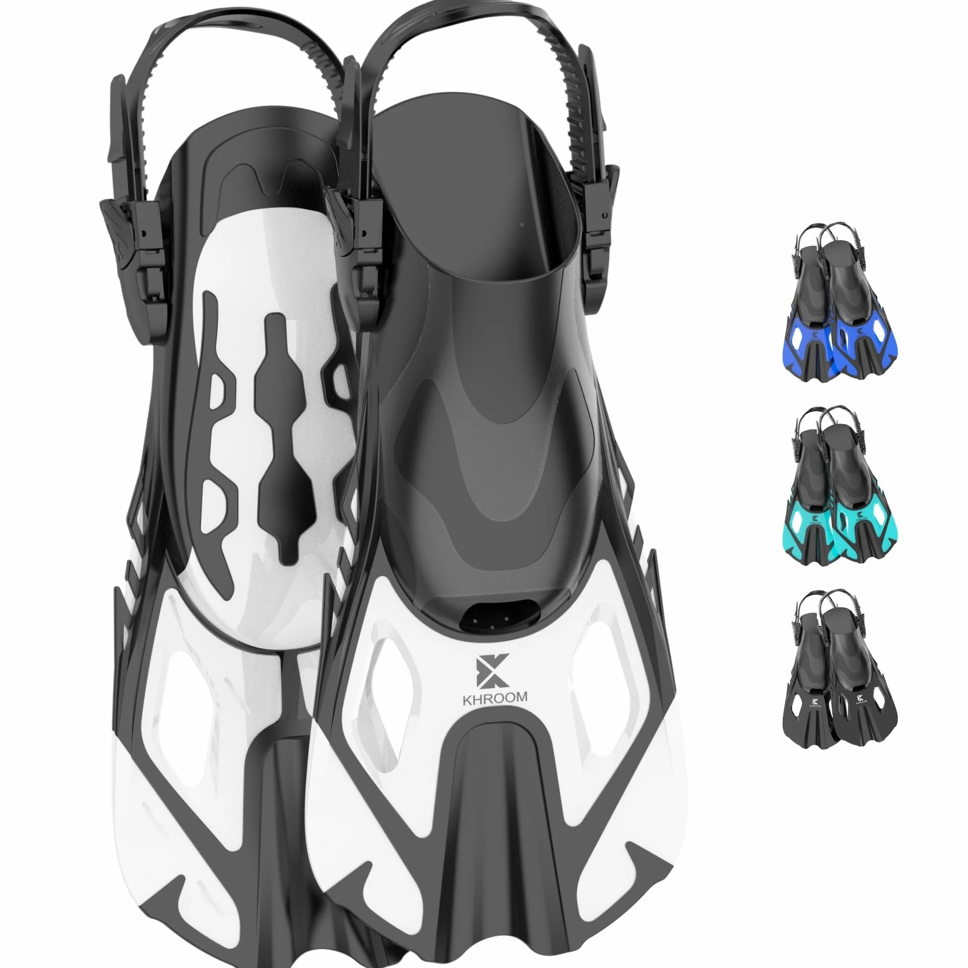 Khroom Aletas Cortas Adultos / niños Talla 32-47 | Aletas de Snorkel Ajustables | Aletas de Natación Cortas para Snorkel | Aletas de Buceo Ajustables para Nadar / bucear Blanco (37-41)