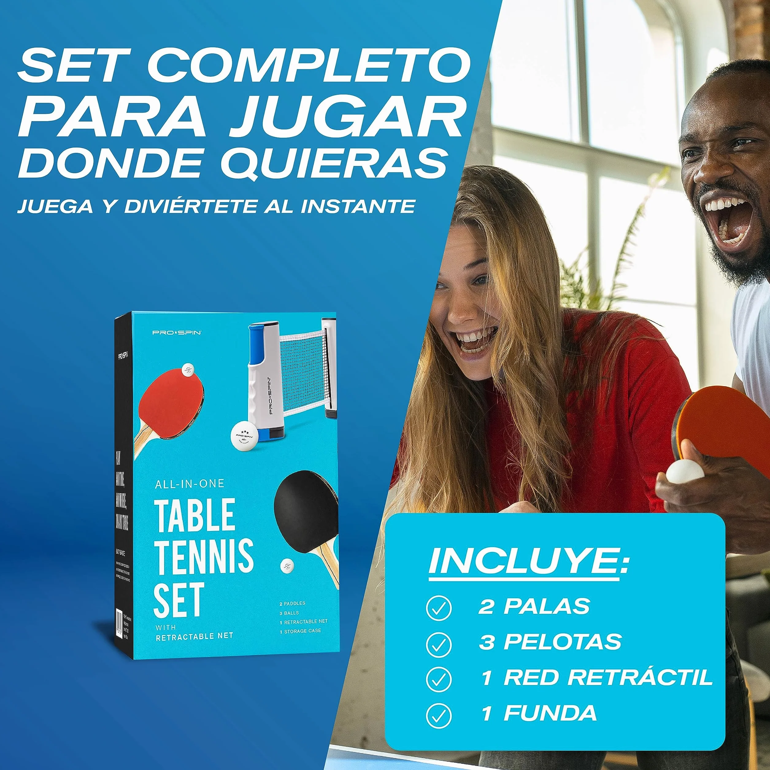 PRO-SPIN Set de Ping Pong Portátil con Red Retráctil, Palas y Pelotas 3 Estrellas