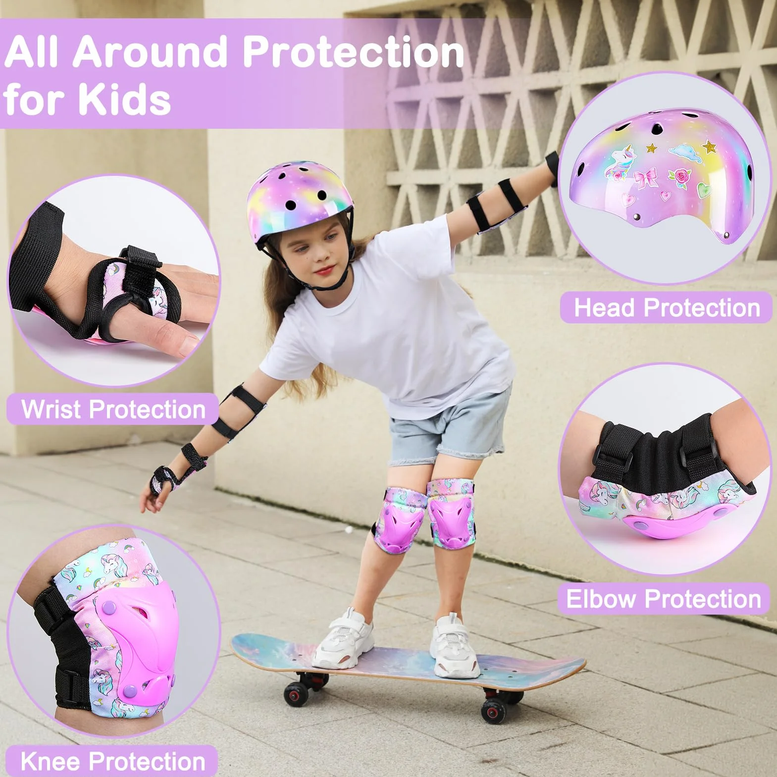 Casco Bicicleta Niño con Pegatinas DIY para Niñas Edad 3-8 Años Unicornio Rodilleras Coderas Equipo Protección Ajustable Ciclismo