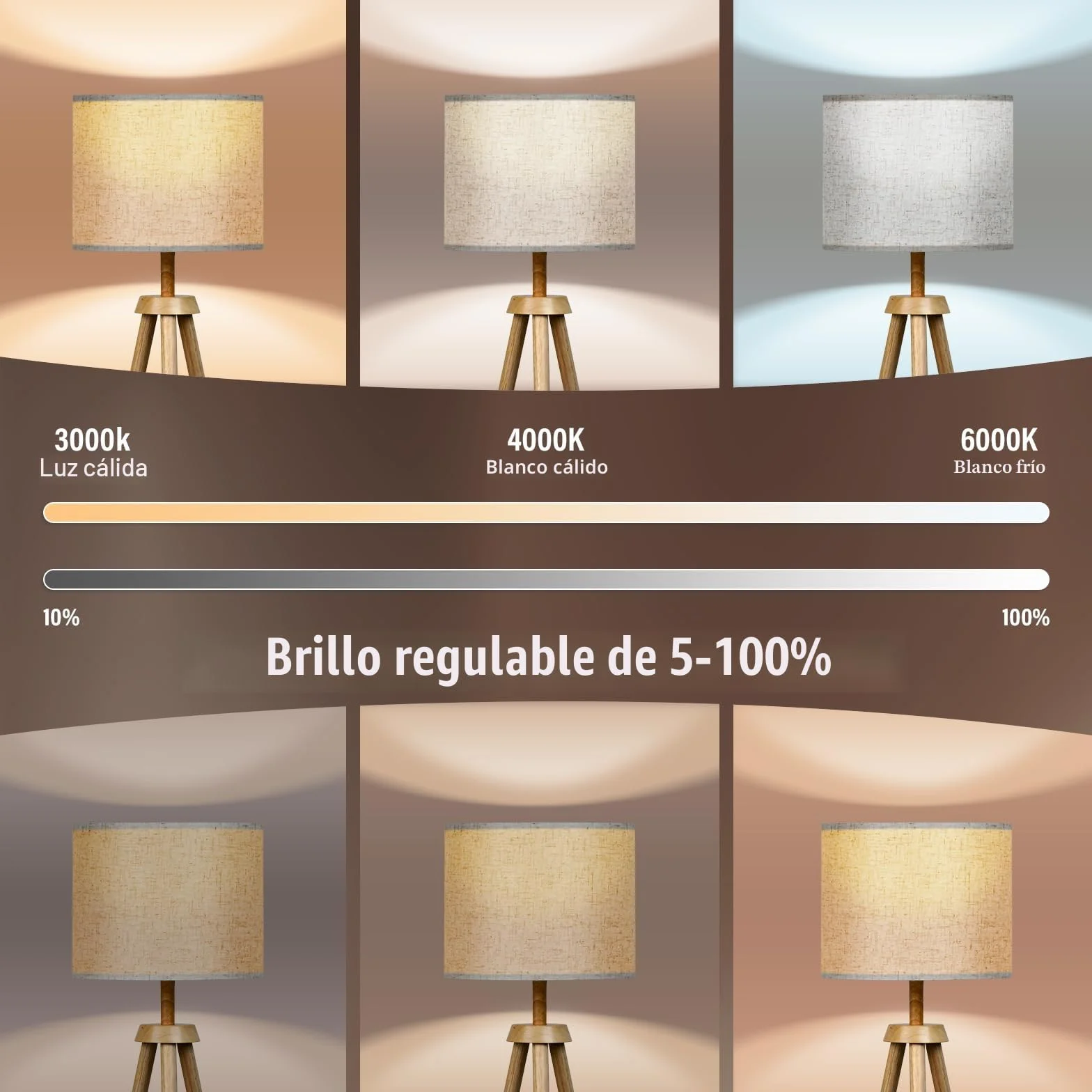 Lámpara de pie Trípode de Madera Regulable E27 12W 3 Colores 3000K-6000K con Control Remoto