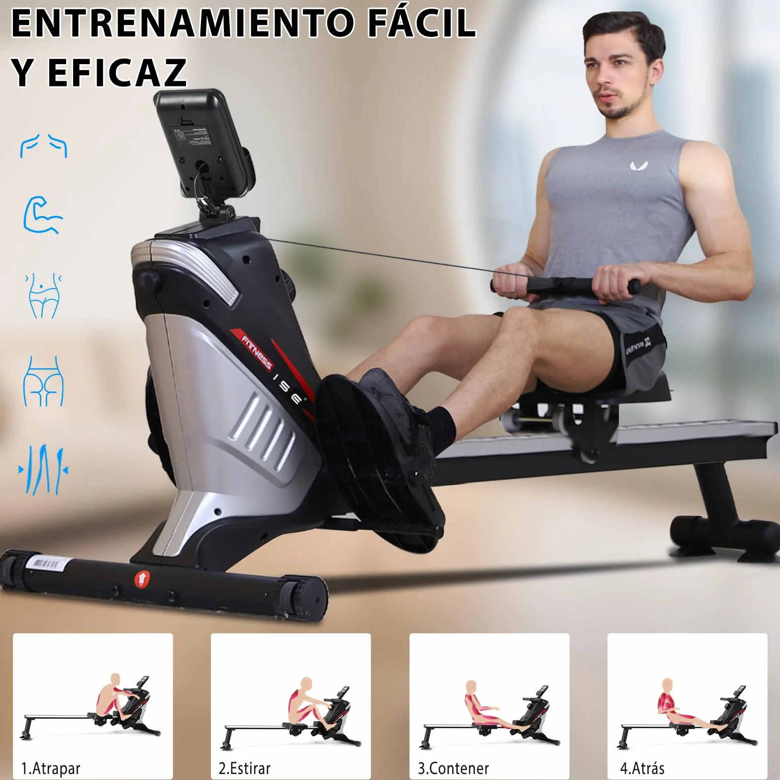 ISE Máquina De Remo para casa, Silenciosa, Máquina Remo Magnético, Remo Gimnasio En Casa con 8 Niveles de Resistencia, Fuerza de Tracción máx de 15KG, Remo Maquina Ejercicios En Casa